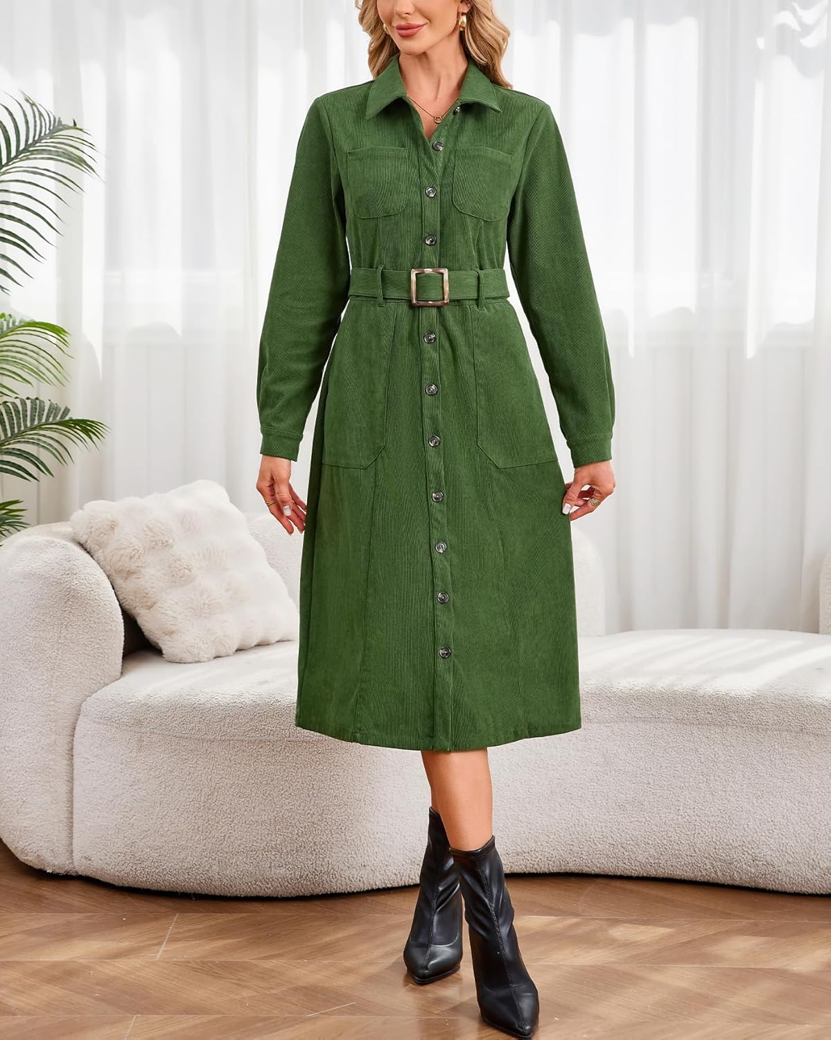 Women's Corduroy Midi Dress Long Sleeve Belted Button Down Shirt Long Dress with Pockets - Image 3