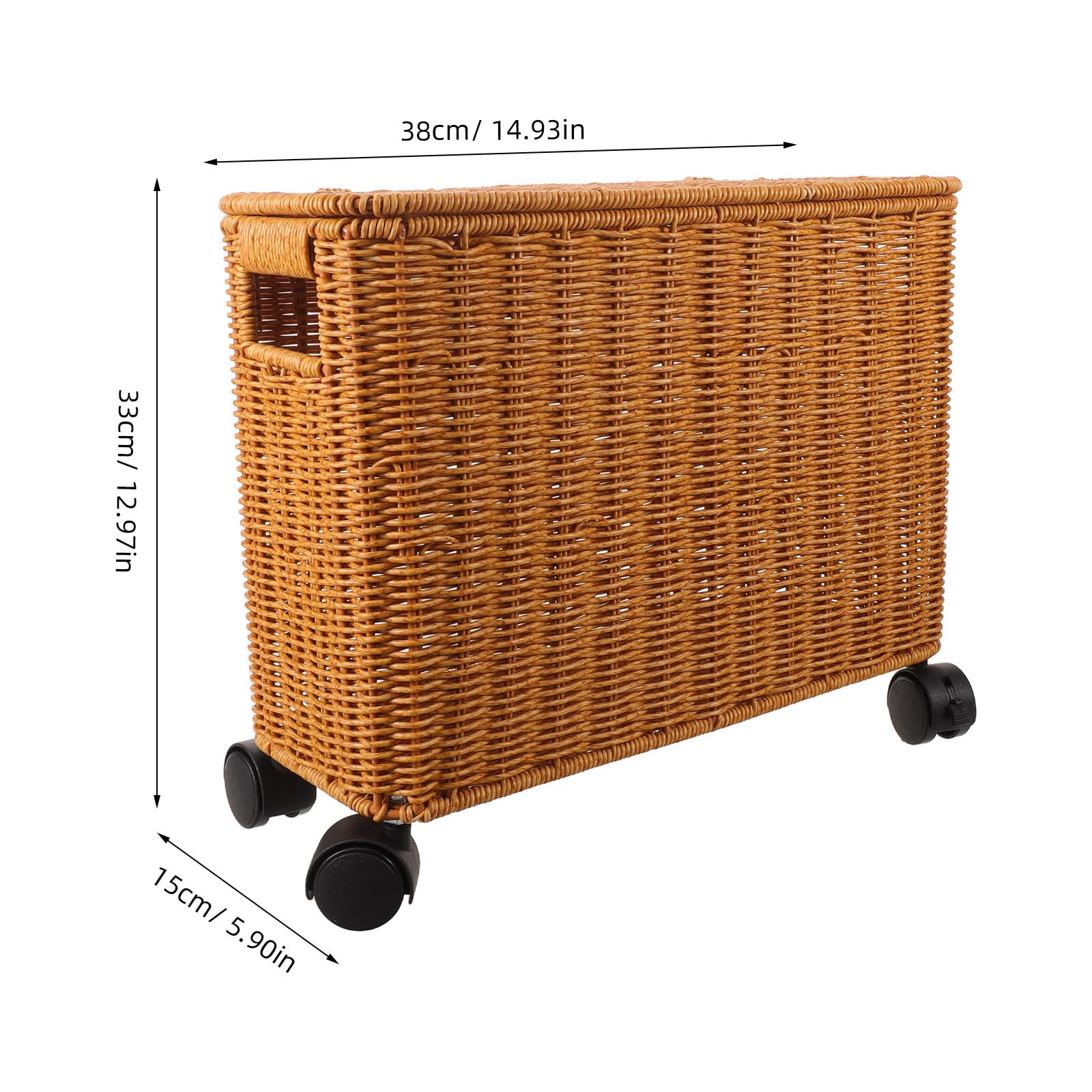 Toddmomy Cesto de ropa delgado con ruedas, cesta de almacenamiento de ratán sintético con tapa, carrito estrecho rodante tejido para ropa, toallas y artículos diversos, 38 x 33 x 15 cm, ideal para
