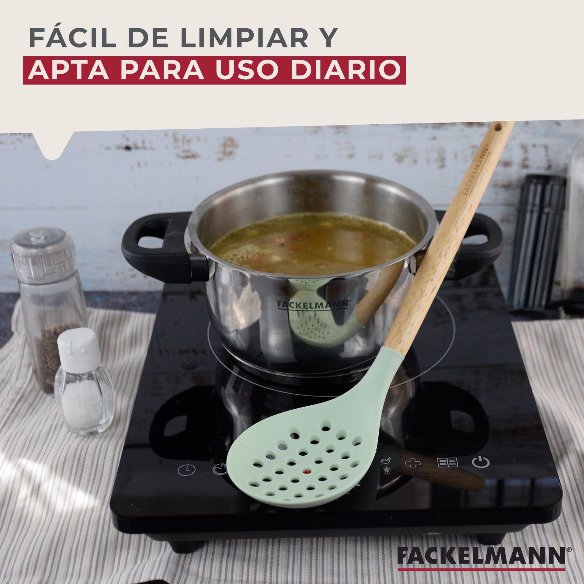Fackelmann Ocean Espumadera de Silicona, Núcleo Rígido de Acero, Mango de Madera Antideslizante y Ergonómico, Apta para Freír y Espumar, Apta para Lavavajillas, 32x8 cm, Verde Agua, 1 ud.