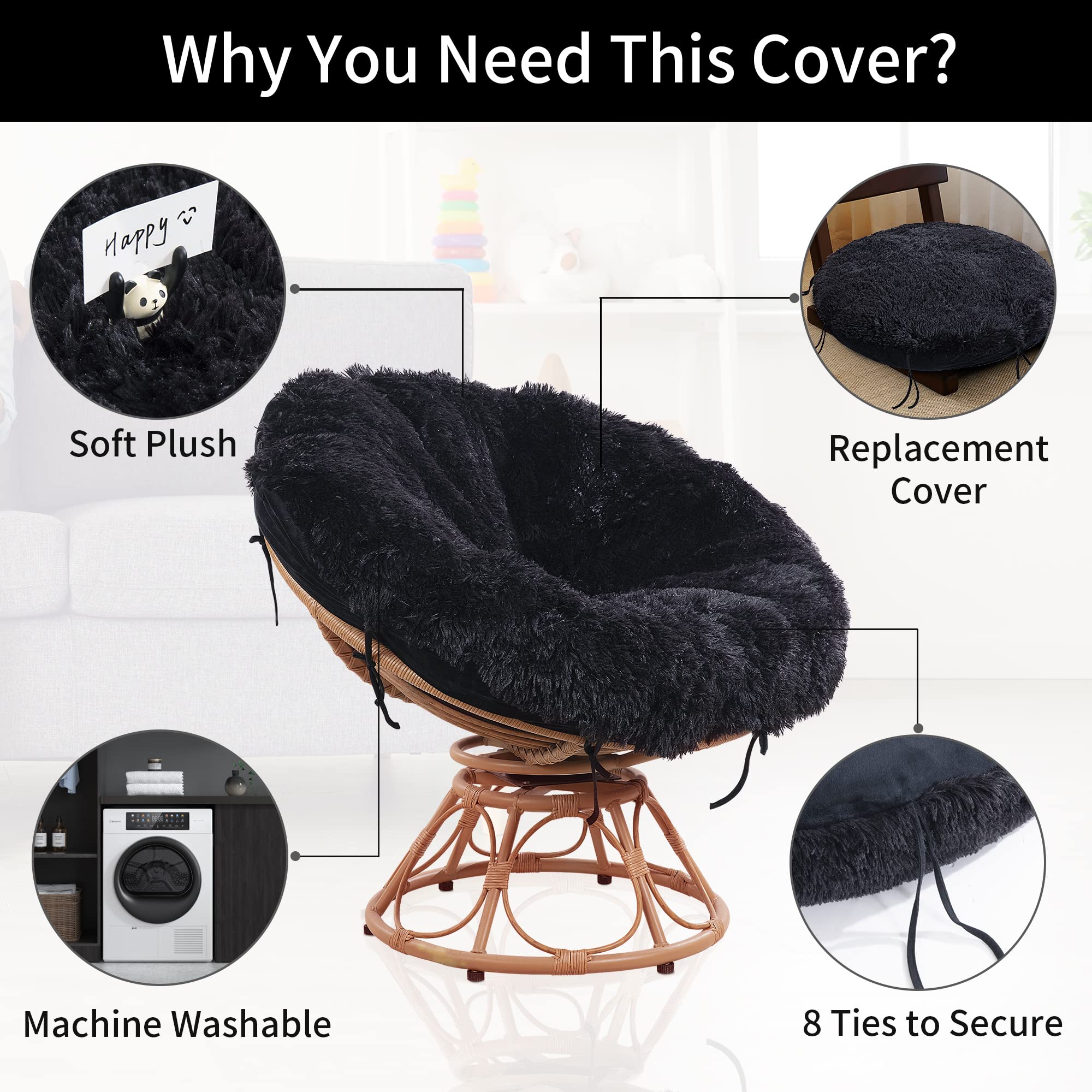 HOMBYS Shaggy Cover for Papasan Cushion, Fluffy Plush Faux Fur Zippered Slipcover Only, Removable and Machine Washable Chair Cushion Covers with 8 Ties (Fit 50-52inch, Black)