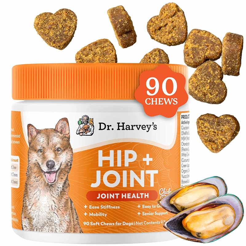 Suplemento para Cães para Quadril e Articulações Dr. Harvey's com Glucosamina, Condroitina e Mexilhão de Lábios Verdes, 90 mastigáveis
