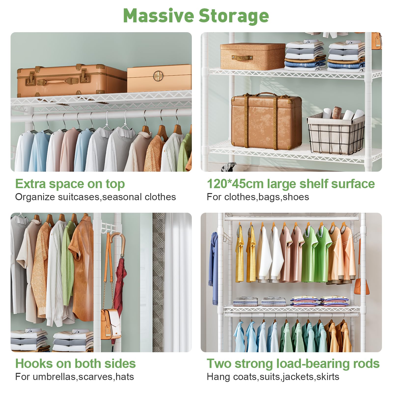 FTEYUET Kleiderständer Mit Rollen - 3 Ebenen & Ablagefläche 120x45x205 Cm