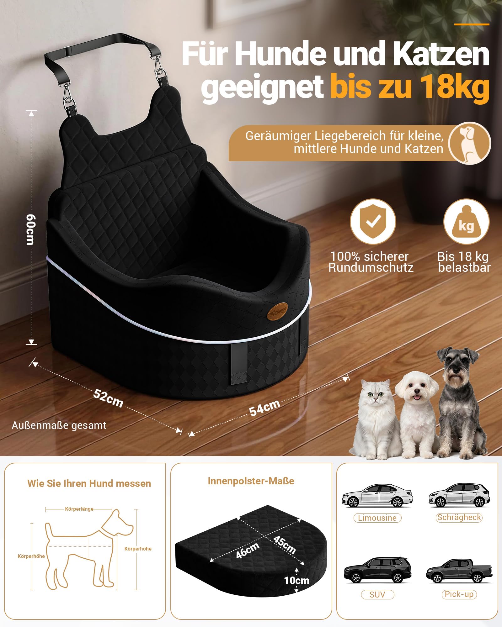 【Extra geräumiger & gemütlicher】 Hundeautositz für mittlere & kleine Hunde