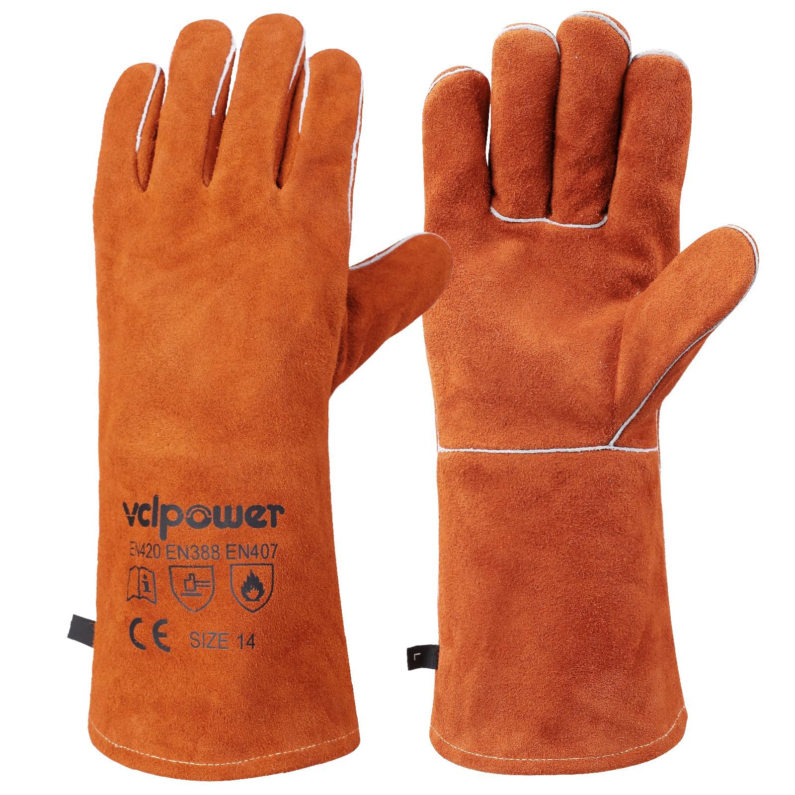 vclpower Welding BBQ Fire Gloves Fire Heat Resistant 14in Fireproof Leather for Fire Pit Wood Stove Log Wood Burners BBQ Baking,Grill Oven Stick Mig Tig Welding Gear Gift for Man L, Animal Handling
