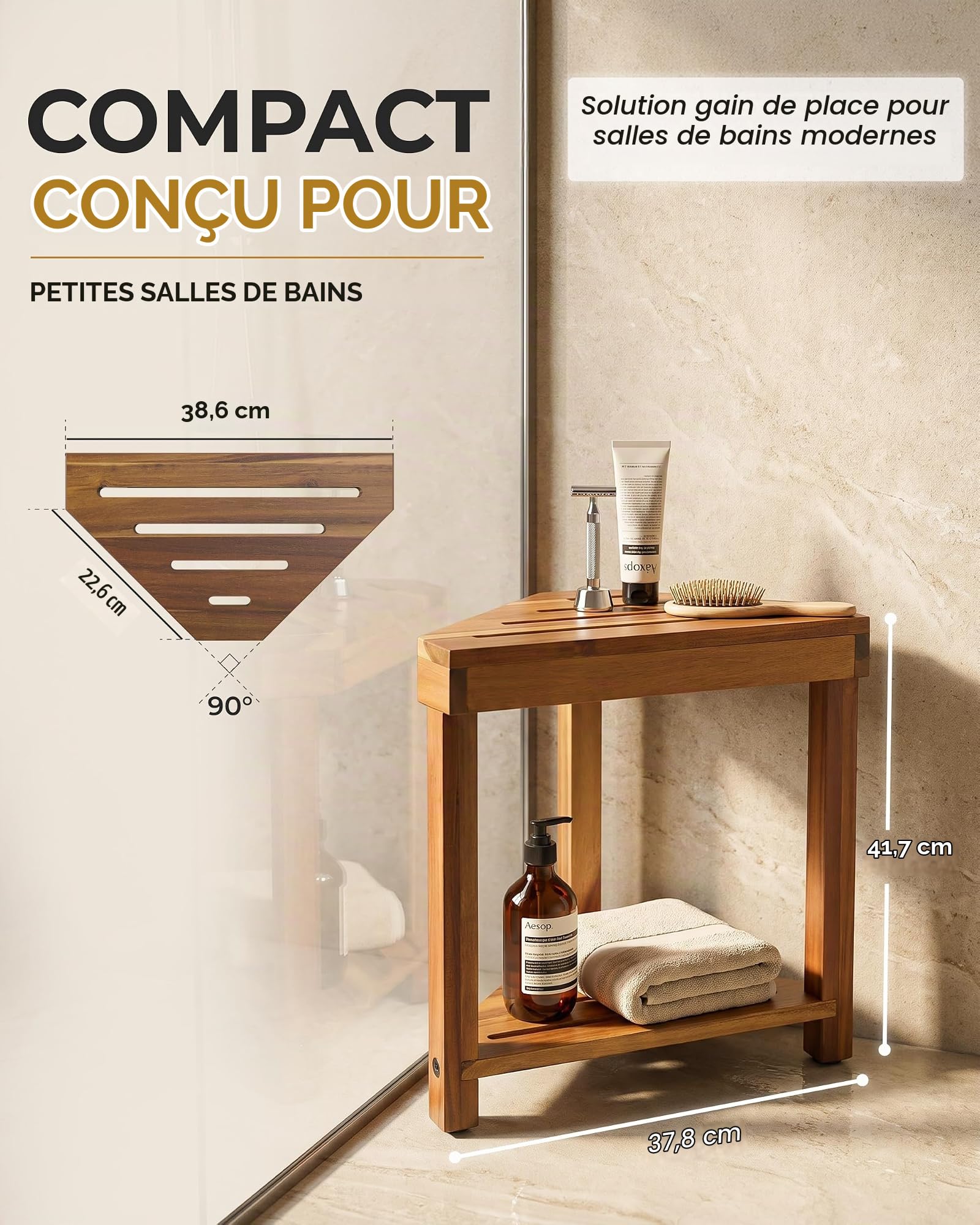BLUEWEST Repose-pieds de douche, tabouret de douche d'angle en bois pour se raser les jambes, repose-pieds de douche imperméable avec étagère de rangement pour petit espace de douche, sièges de douche