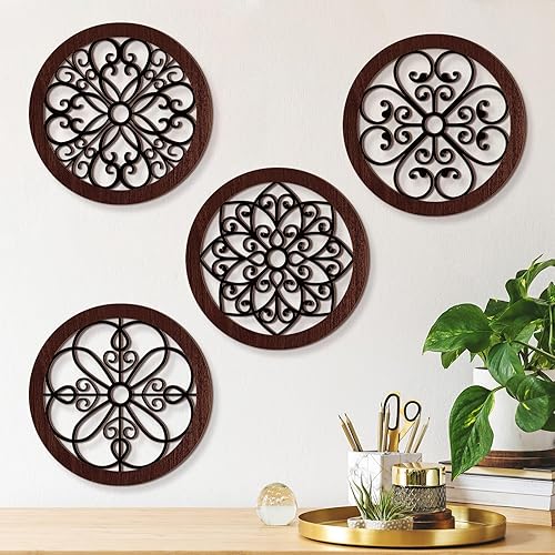 Yulejo 4 piezas de decoración de pared rústica engrosada para cocina de granja, arte de pared redondo de madera con diseño tallado en relieve, arte