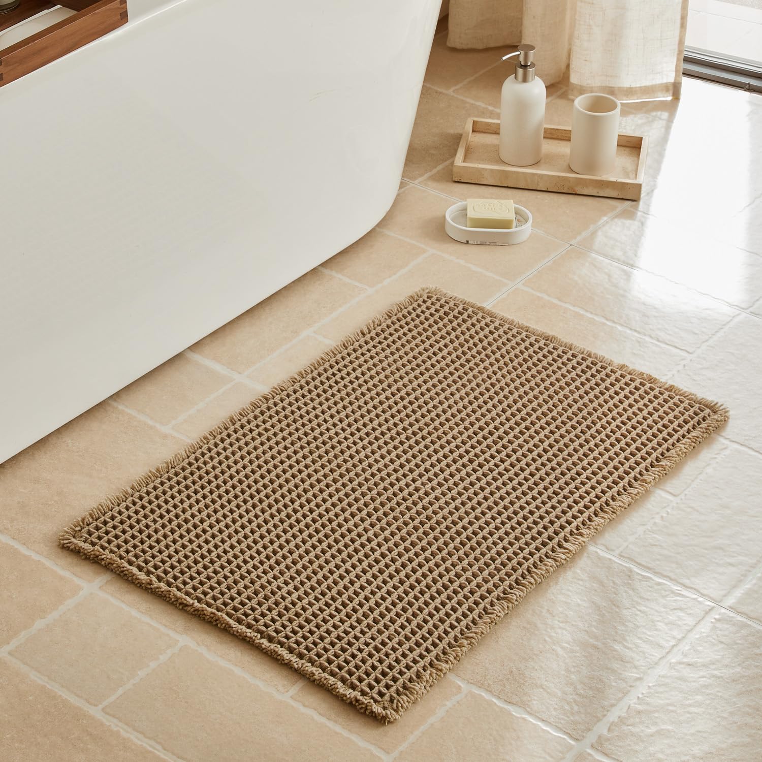 Triohero Waffle Bath Mat, Boho Bathroom Rugs Non Slip Washable, Ultra Soft Super Absorbent Quick Dry Farmhouse Bathroom Decor, 20" x 30", Khaki