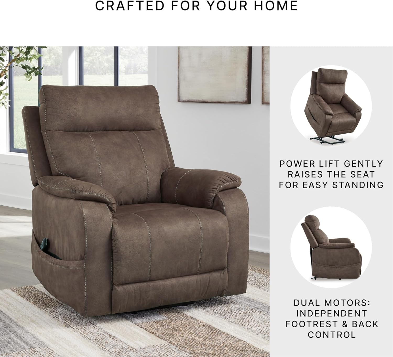 Signature Design by Ashley Crestmeade Modern Dual Motor Power Lift Recliner with Adjustable Backrest, USB Ports, Heat and Massage Function, Dark Brown