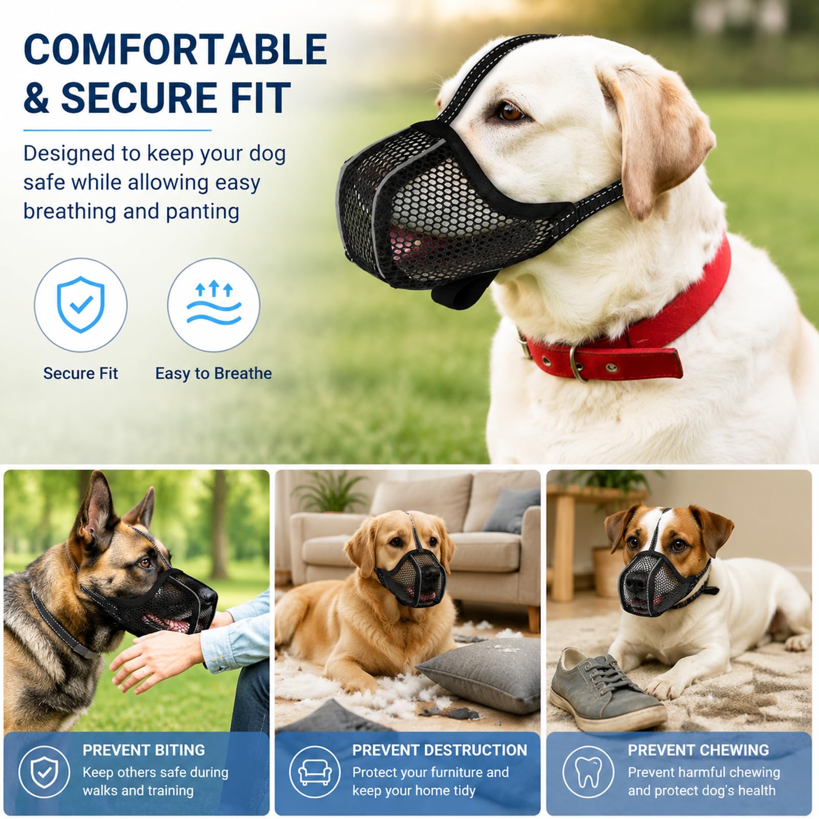 Muselière pour Chien, Respirante, réglable, Anti-Fress, réfléchissante, Protection légère, pour Chiens de Petite, Moyenne et Grande Taille, Panier de Dentition, en Maille, Noire, Taille (S)