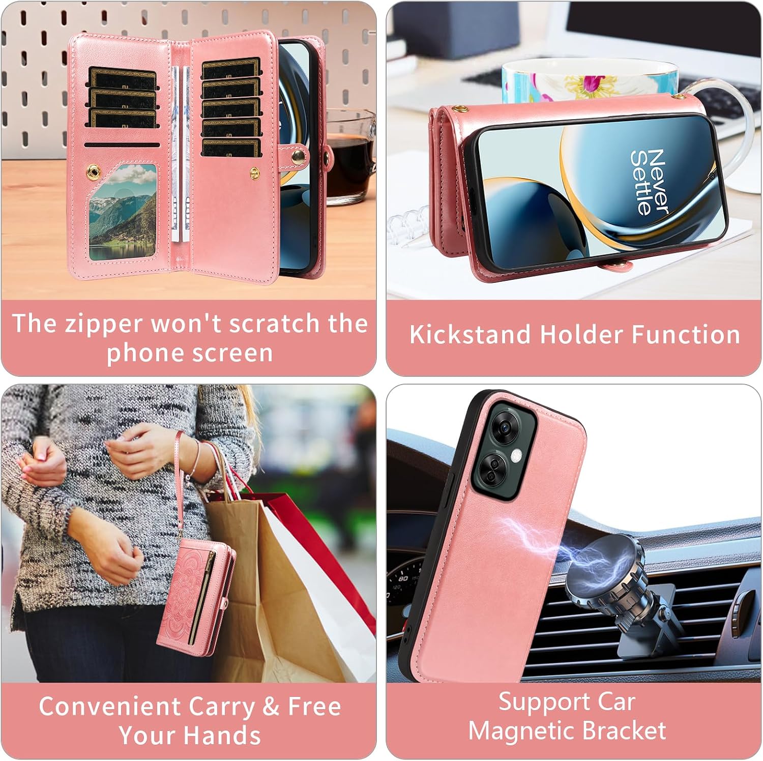 Asuwish Phone Case for OnePlus Nord N30 5G/CE 3 Lite Zipper Wallet Detachable Cell Cover with Tempered Glass Screen Protector Strap Flower Card Holder Oppo K11x/One Plus 1 1+ N 30/CE3 Women Rose Gold
