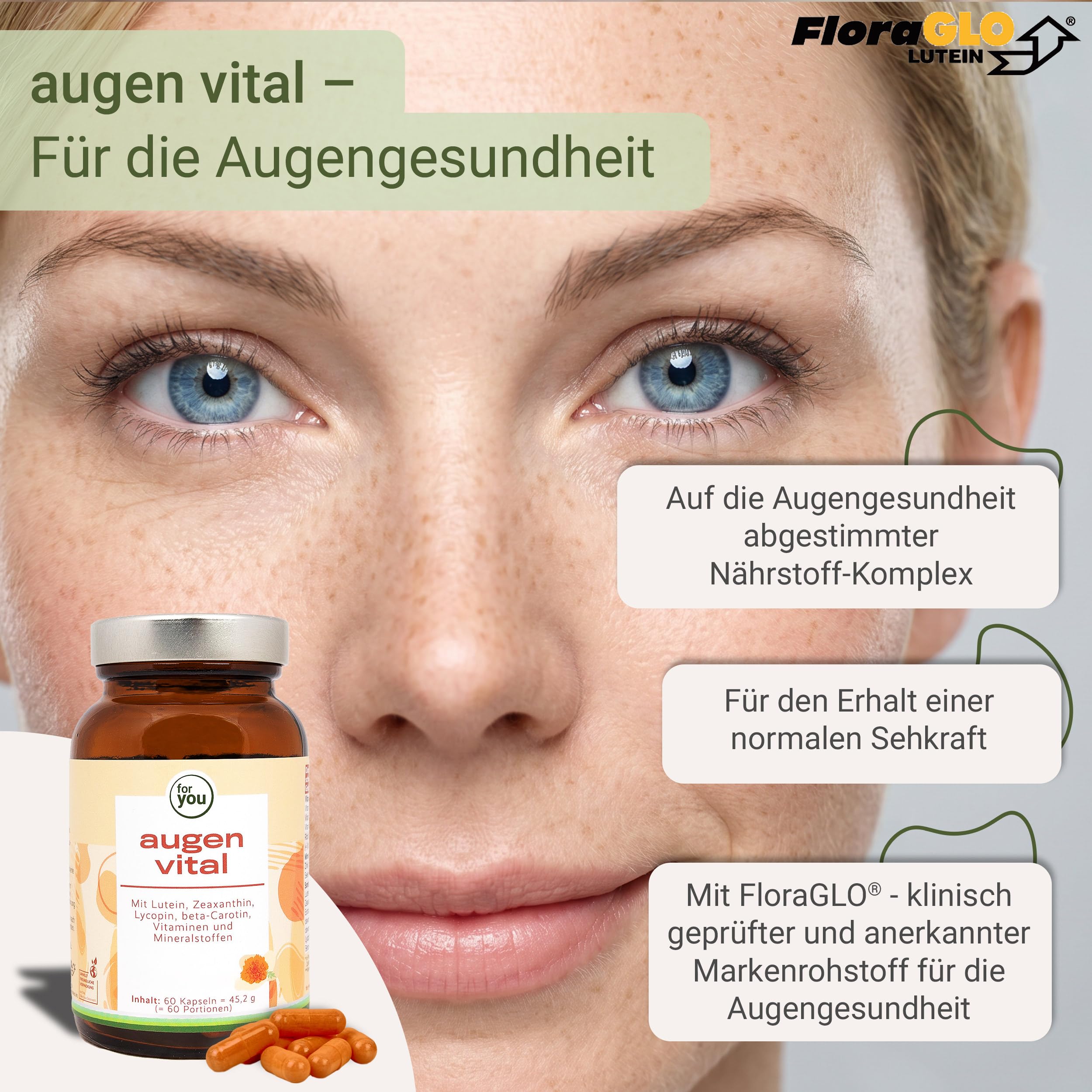 for you augen vital Doppelpack - abgestimmter Augengesundheit-Komplex mit natürlichem Lutein & Zeaxanthin von FloraGLO® - anerkannter Markenrohstoff + Lycopin, beta-Carotin, Vitamine & Mineralstoffe