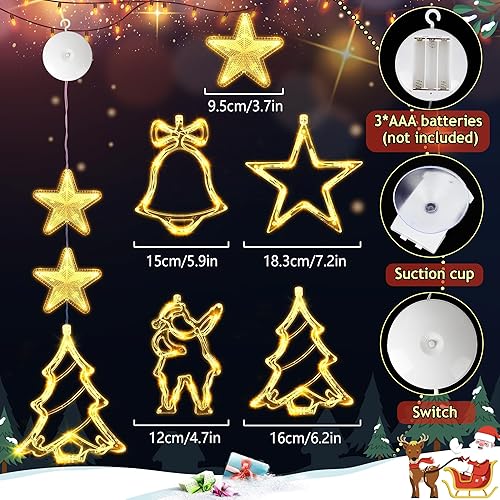 Miniatura 2 de Paquete de 4 luces LED de Navidad para ventana con ventosas y ganchos para colgar, luces de ventana colgantes, cortina de luz, funciona con pilas,