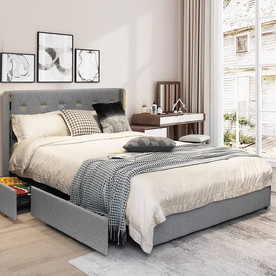 Amazon.com: Giantex Full Size Linen Bed Frame with 4 Drawers