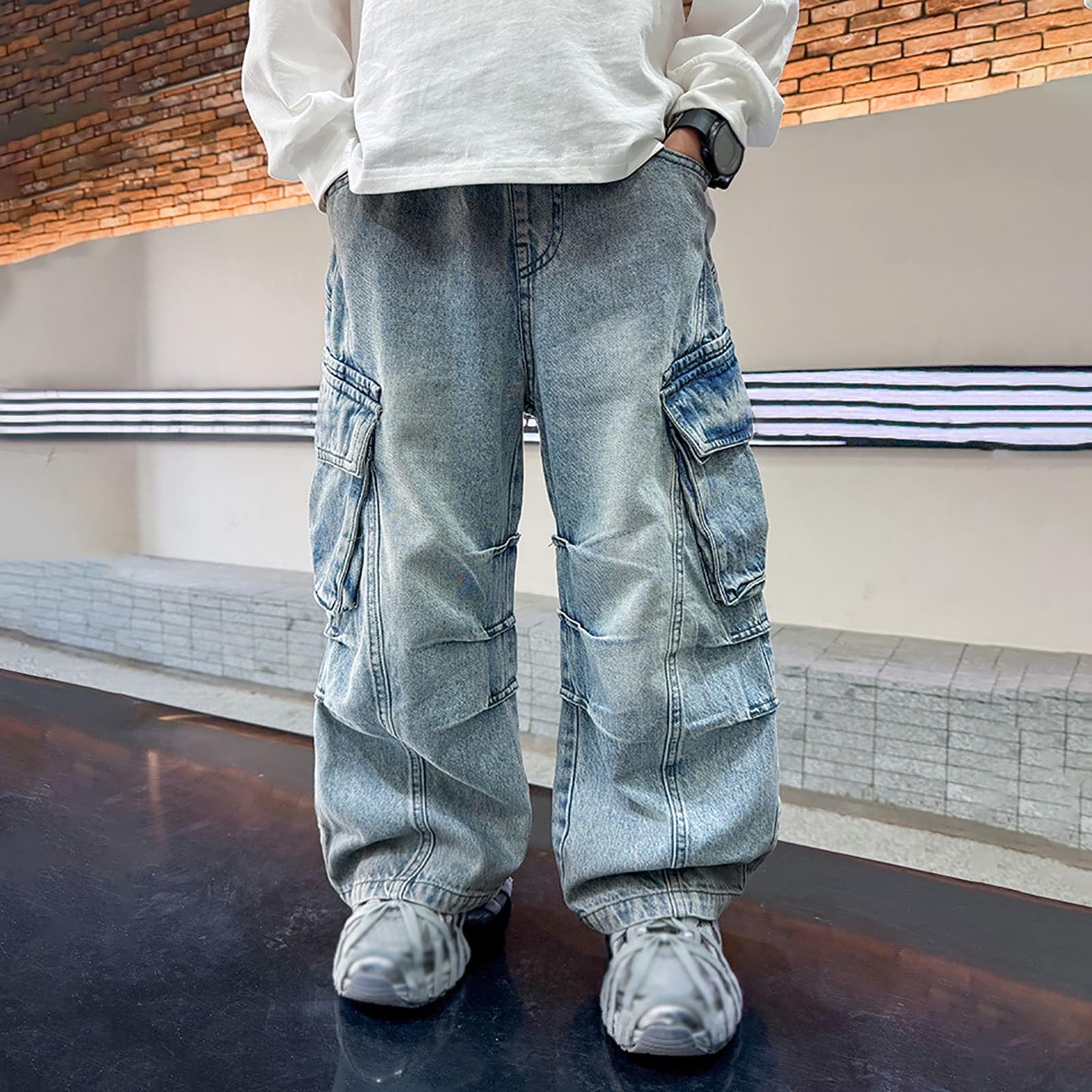 Jeans baggy para niños Vaqueros de cintura media Tejido denim resistente Vaqueros estilo callejero Elásticos y cómodos Pantalones de denim lavados Diseño unisex niño y niña Tendencia moderna juvenil