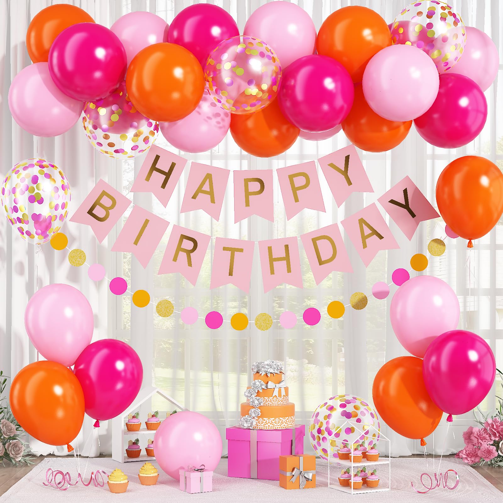 Pink Orange Birthday Decorations,12 Inch Balloon Banner Set for Girls Women