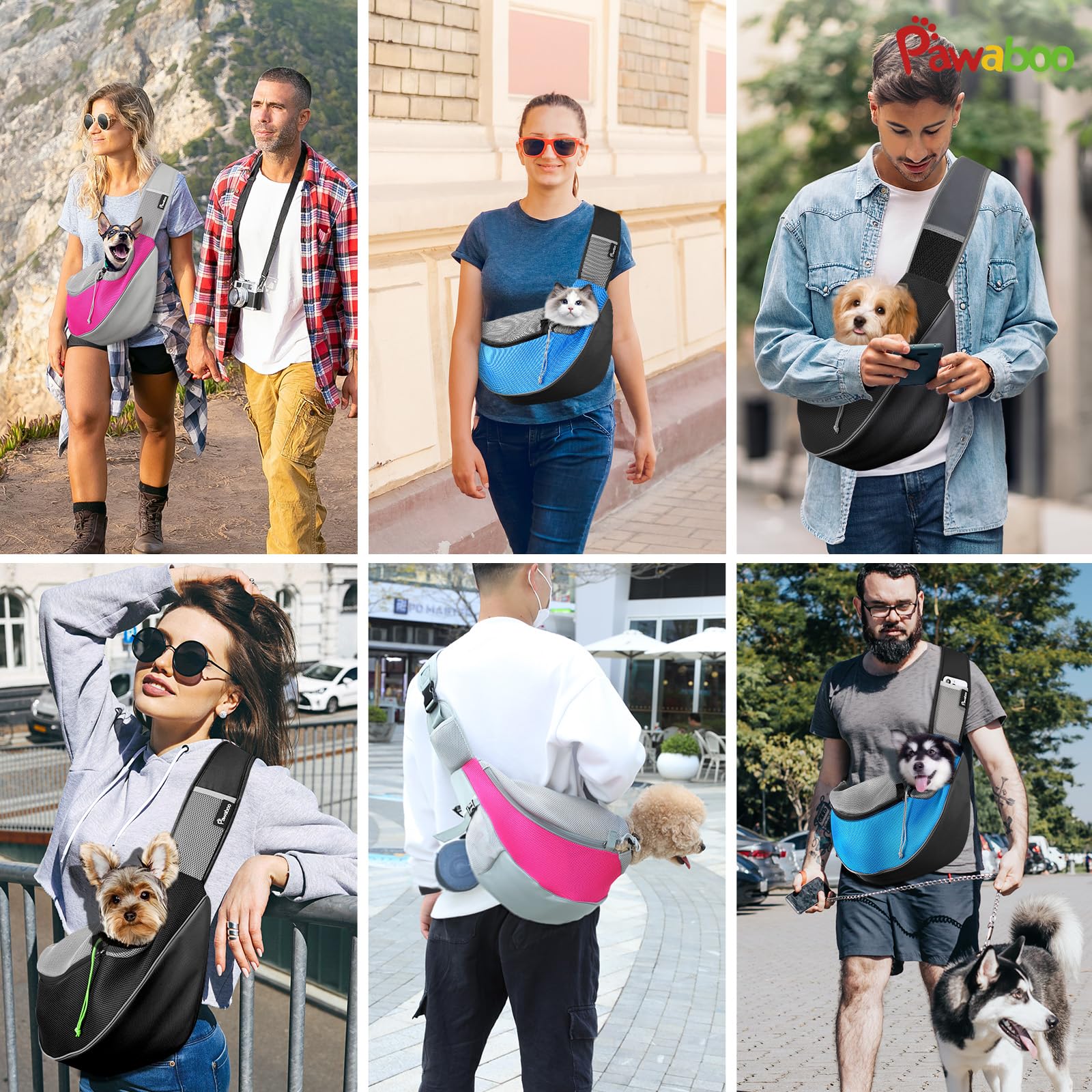 Pawaboo Bolso Bandolera para Perros, Bolsa Portátil para Mascotas con Correa Ajustable y Bolsillos, Bolsa de Mensajero Transpirable Cómoda con para Cachorros Gatitos, S, Gris Oscuro + Negro