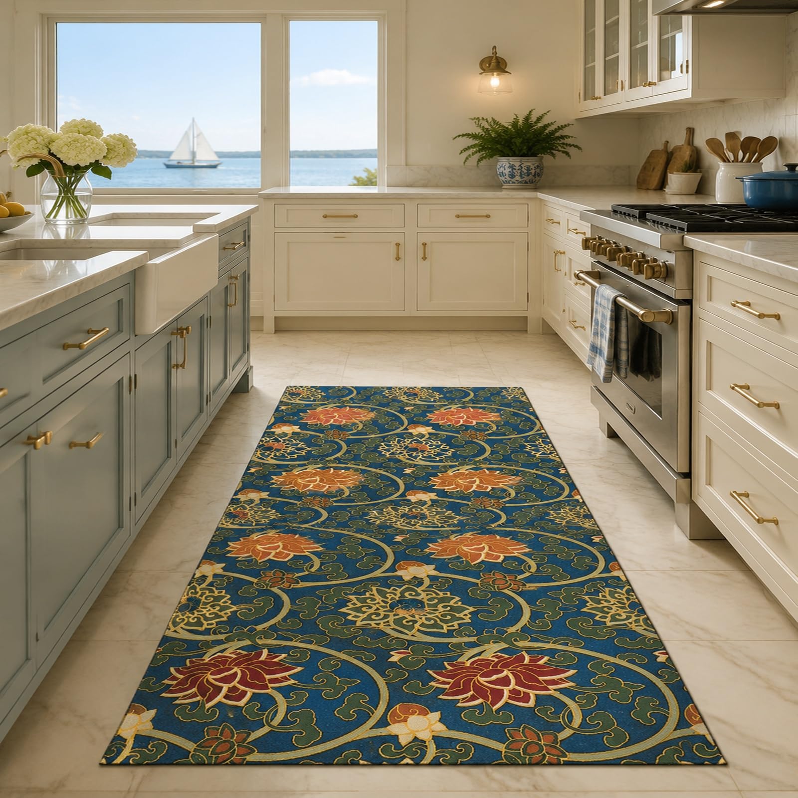 Generico Tappeto, vintage con motivi floreali blu verdi rossi arancioni e gialli 110 x 160 cm, Lavabile Tappeti Pelo Corto Corridoio camera da letto cucina soggiorno,