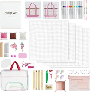 Kaitiaki 13 Mesh Needlepoint Canvas Kit, 8" x 8" Pre-Cut Blank Canvas 4 Pack with Needles, Stretcher Bar, Needle Minders, Transfer Chart Card, Valet Tray, Split Rings & Project BagsComplete Kit