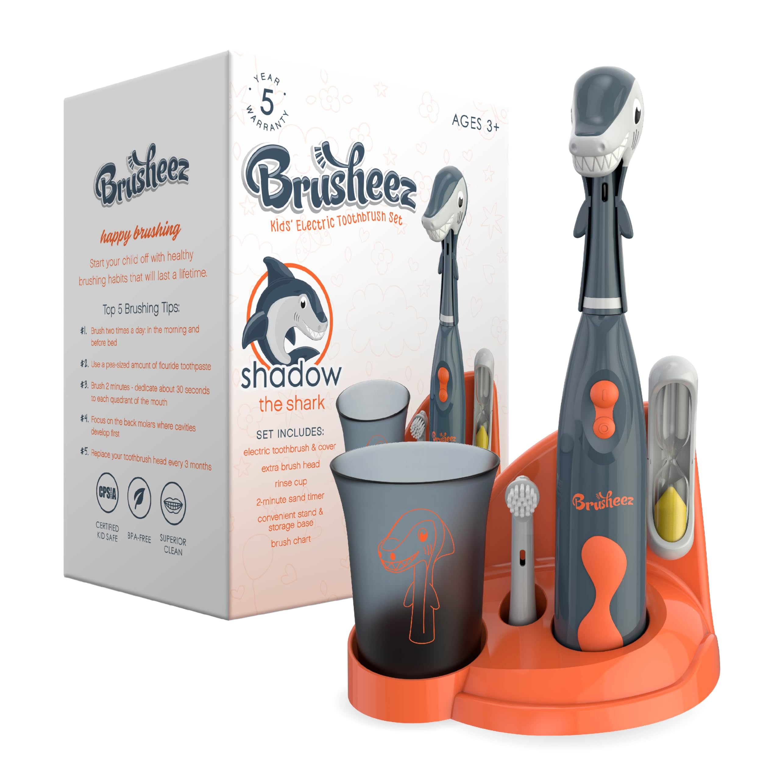 Brusheez Kids Electric Toothbrush Set (Carnivore Edition)-Battery Operated,Soft Bristles,Easy On/Off,2Brush Heads,Animal Cover,Sand Timer,Rinse Cup,& Base-Ages 3+(Shadow The Shark),1 count,Black