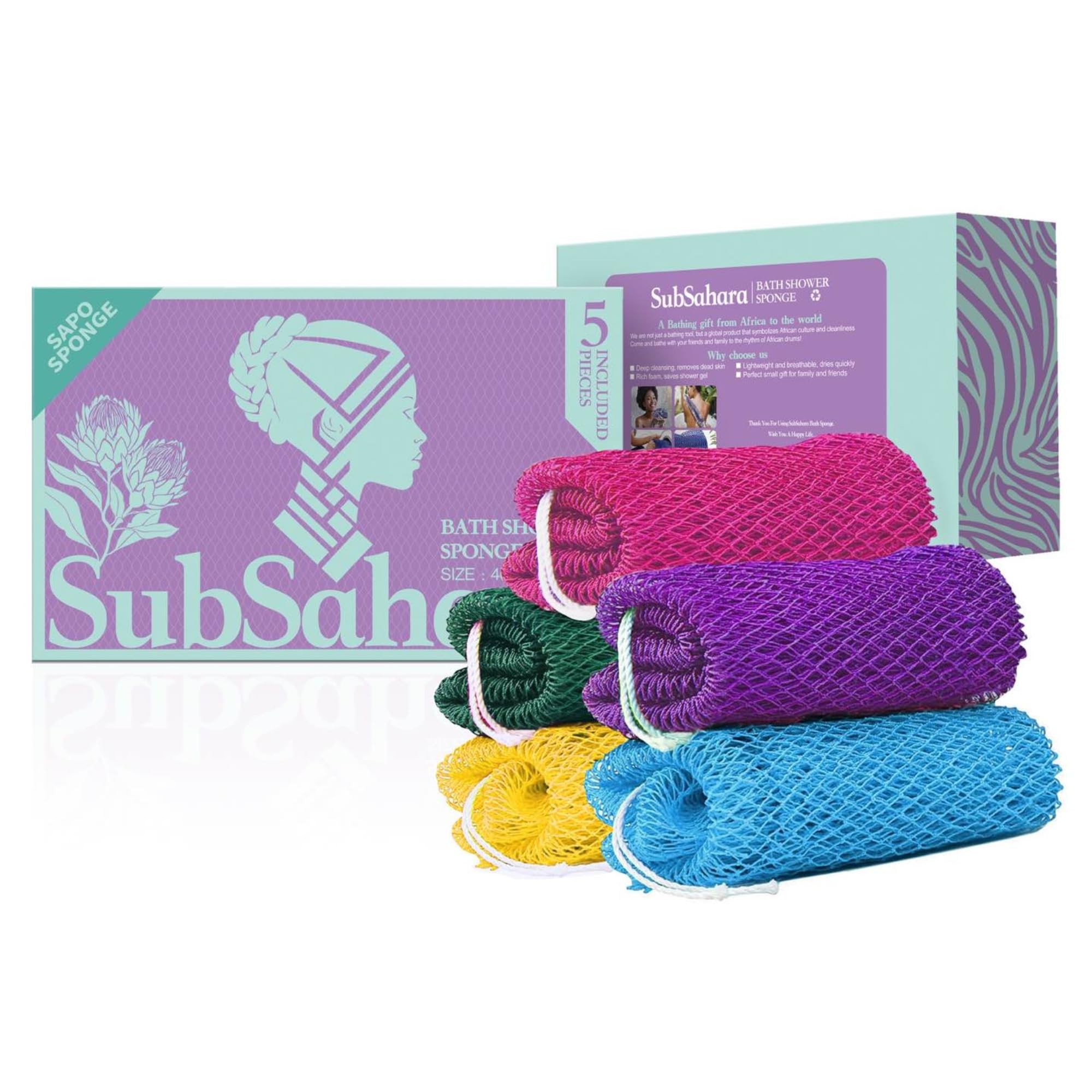 SubSahara Authentic African Net Sponge - 5 Pack Exfoliating Bath & Shower Loofah Sponge for Body & Face, Gentle Scrubber for All Skin Types, Travel,