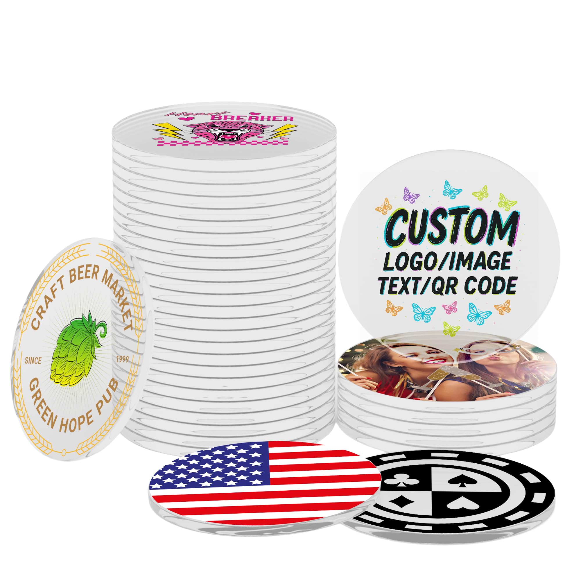 Hauleruee Pack 30-200 Custom Poker Chips,Double-Sided Full Color Printing Clear Acrylic Drink Tokens with Your Personalized Logo/Text/Image/QR Code for Bar,Party,Wedding,Clubs,Promotions