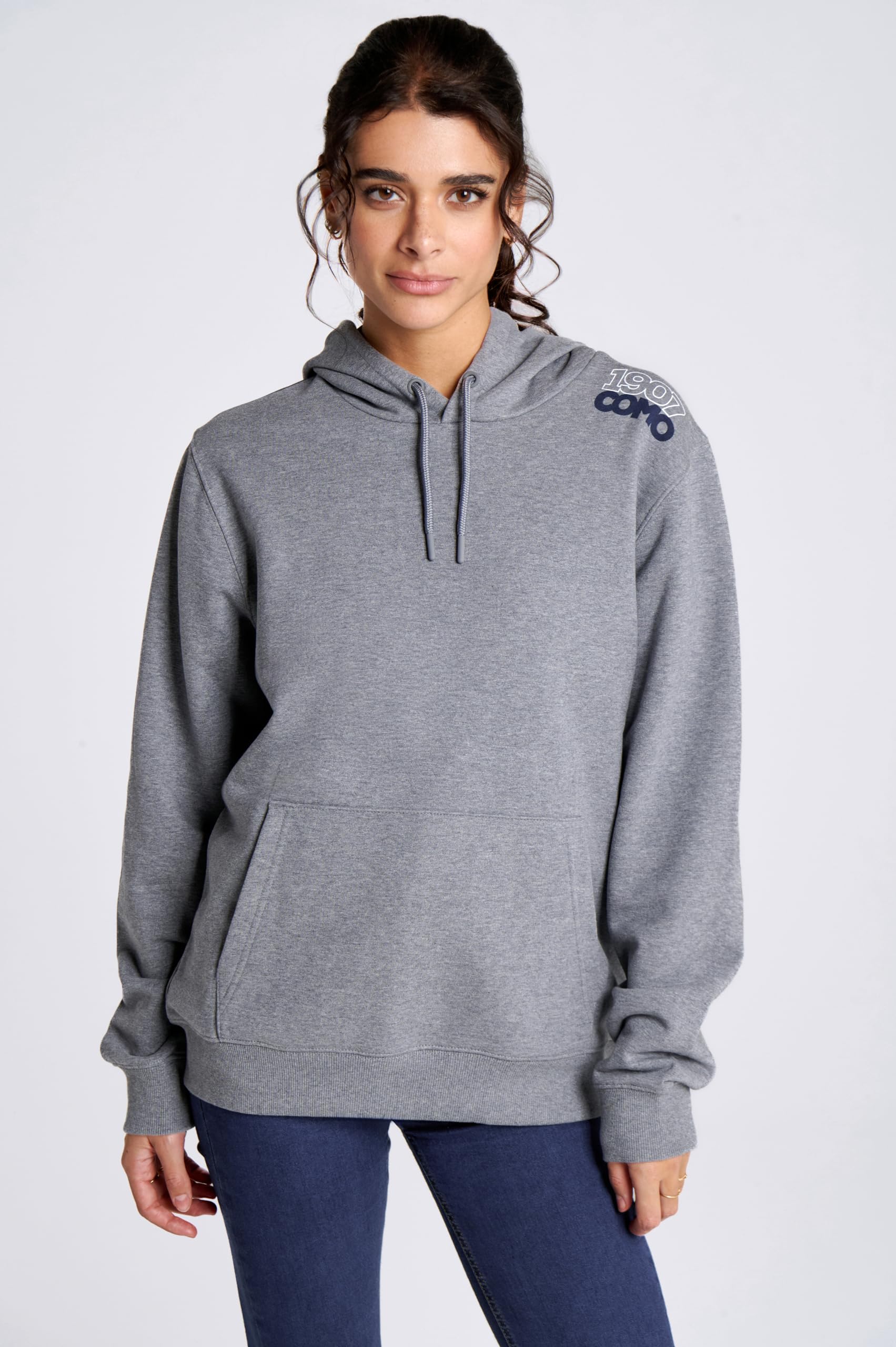 COMO 1907 - Felpa con Cappuccio - Colore Grigio Melange - con tascone Centrale - Ricamo Davanti a Spalla Sinistra - 100% Cotone - Made in Italy