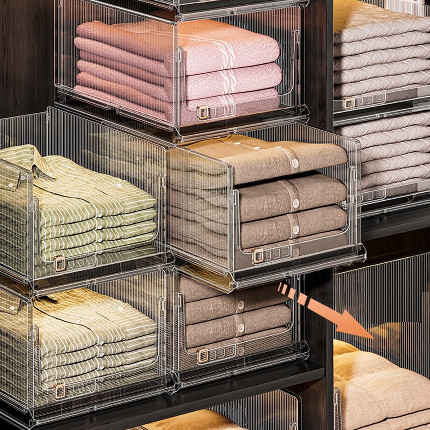 BAOLY 2Pcs Stackable Plastic Closet Organizers and Storage, Clear Compartment Divided Drawer, Foldable Storage Bins Drawers Organizer for Cupboard Kitchen Bathroom Office Bedroom