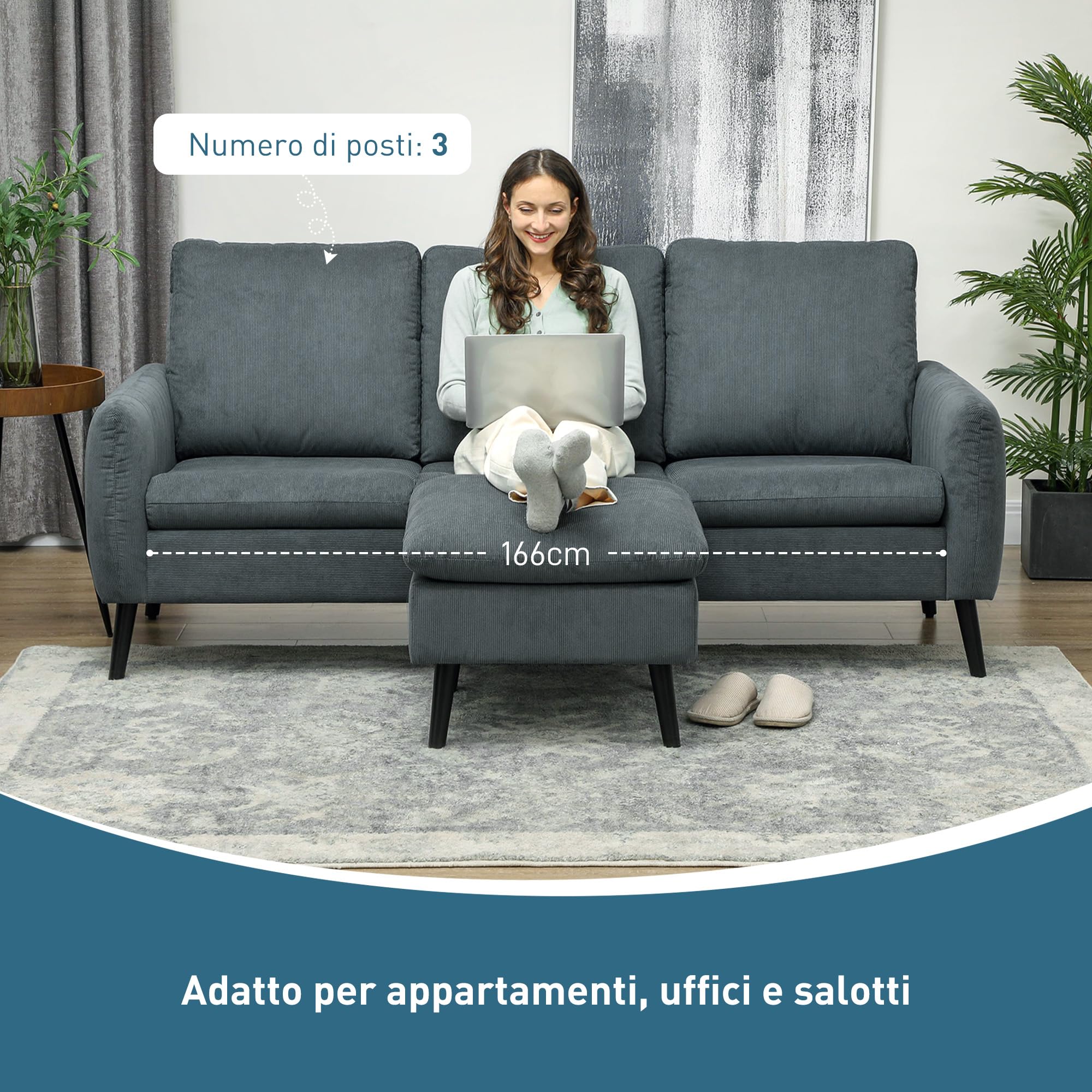 HOMCOM Divano Angolare 3 Posti, Divano ad Angolo con Chaise Longue Reversibile 196x140x88 cm, Divano a L Modulare con Poggiapiedi Rimovibile in Tessuto a Coste per Salotto e Soggiorno, Grigio Carbone