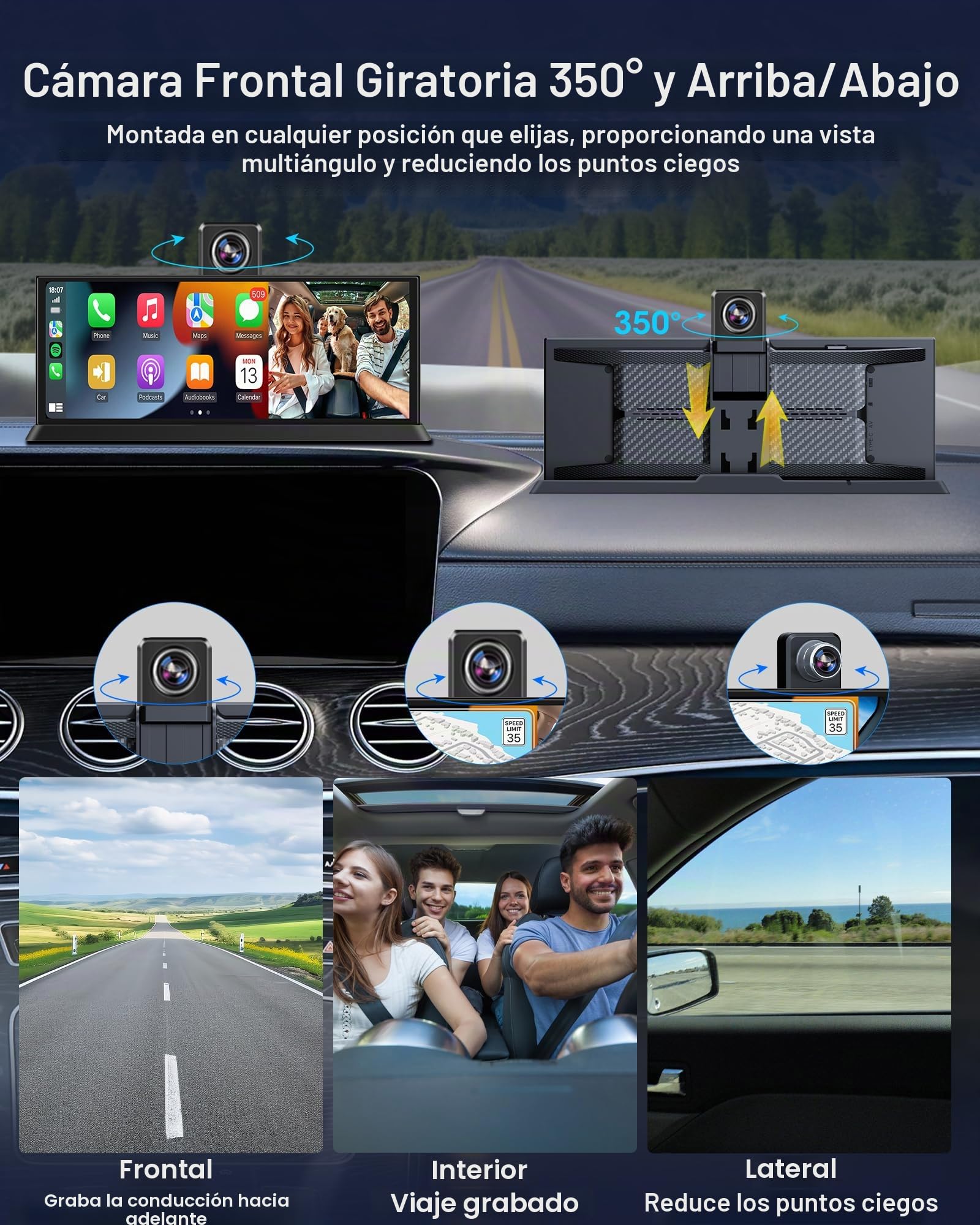 11,26 Pulgadas HD Táctil Car Play Coche, 4K Pantalla Carplay Coche con 350° Cámara Frontal Pantalla Carplay Android Auto, Car Play Co.che para Navegación GPS G-Senor Grabación en Bucle