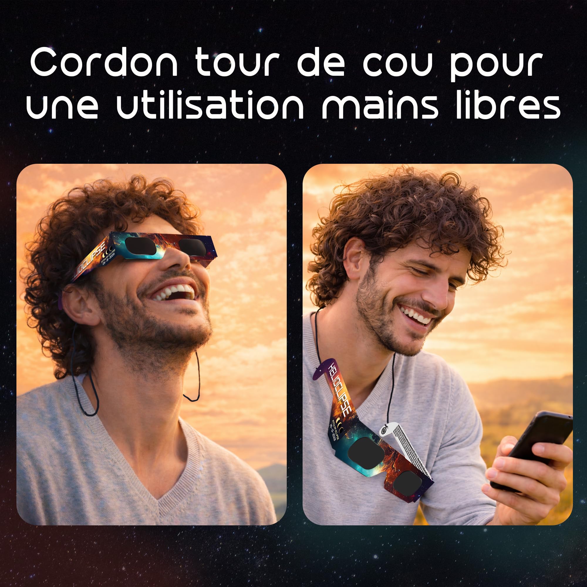Helioclipse - Lot de 6 lunettes pour éclipse solaire conçues pour l’observation sécurisée des éclipses de Soleil totales ou partielles - Bonus 1x filtre pour téléphone