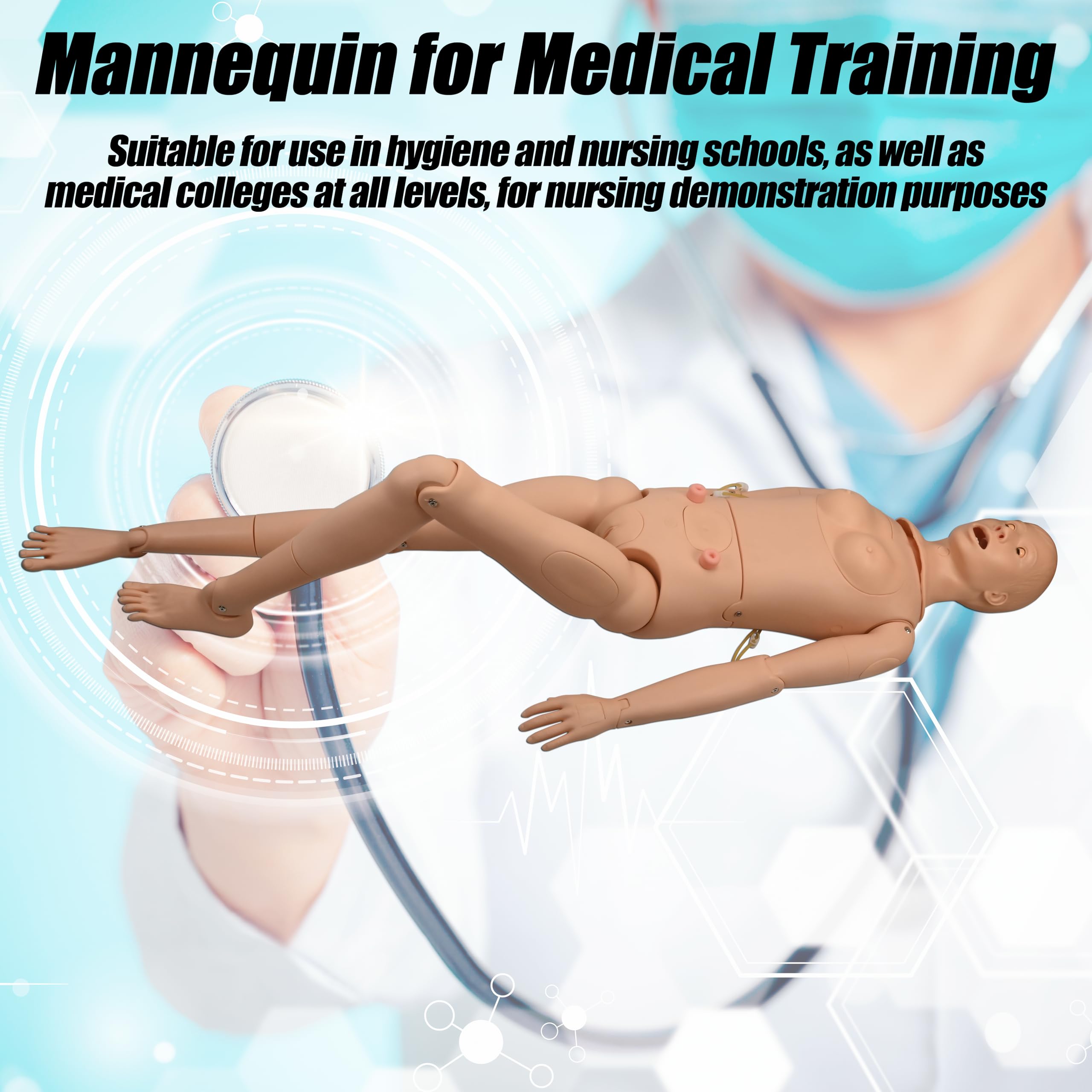 Medical Mannequin for Training, Life Size 5.25ft Nursing Training Mannequin with 4 Pressure Ulcer Care Module and Storage Bag, Geriatric Training Manikin for Nursing Medical Training Teaching