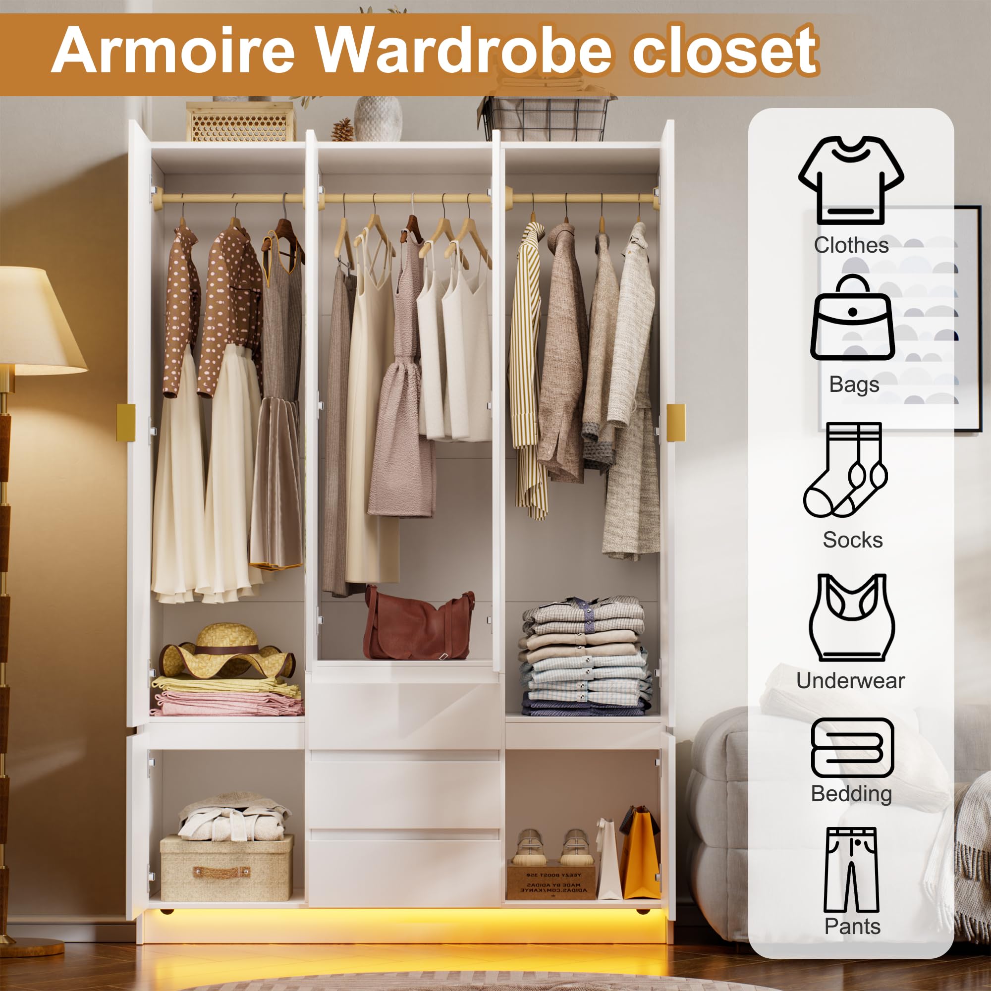 MSFE Armadio Camera da Letto 4 Ante con Specchio,Wardrobe Camera Moderna con LED,3 Cassetti e Asta,Grande Armadio per Cameretta,Camera dei Bambini,da Ingresso,50 * 120 * 180CM