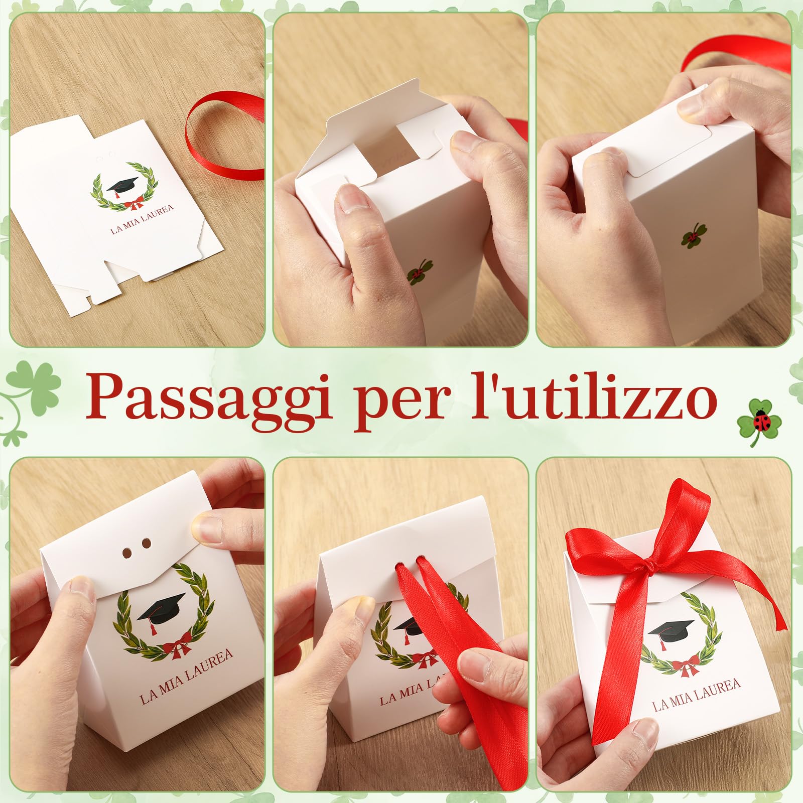 BBTO Cadeaux Invités Remise des Diplômes 50 Pièces Boîtes Dragées la Mia Laurea Porte-Clés Trèfle Porte-Bonheur Cartons Pliants Vœux et Ruban Satiné Rouge Confettis Cérémonie Fête