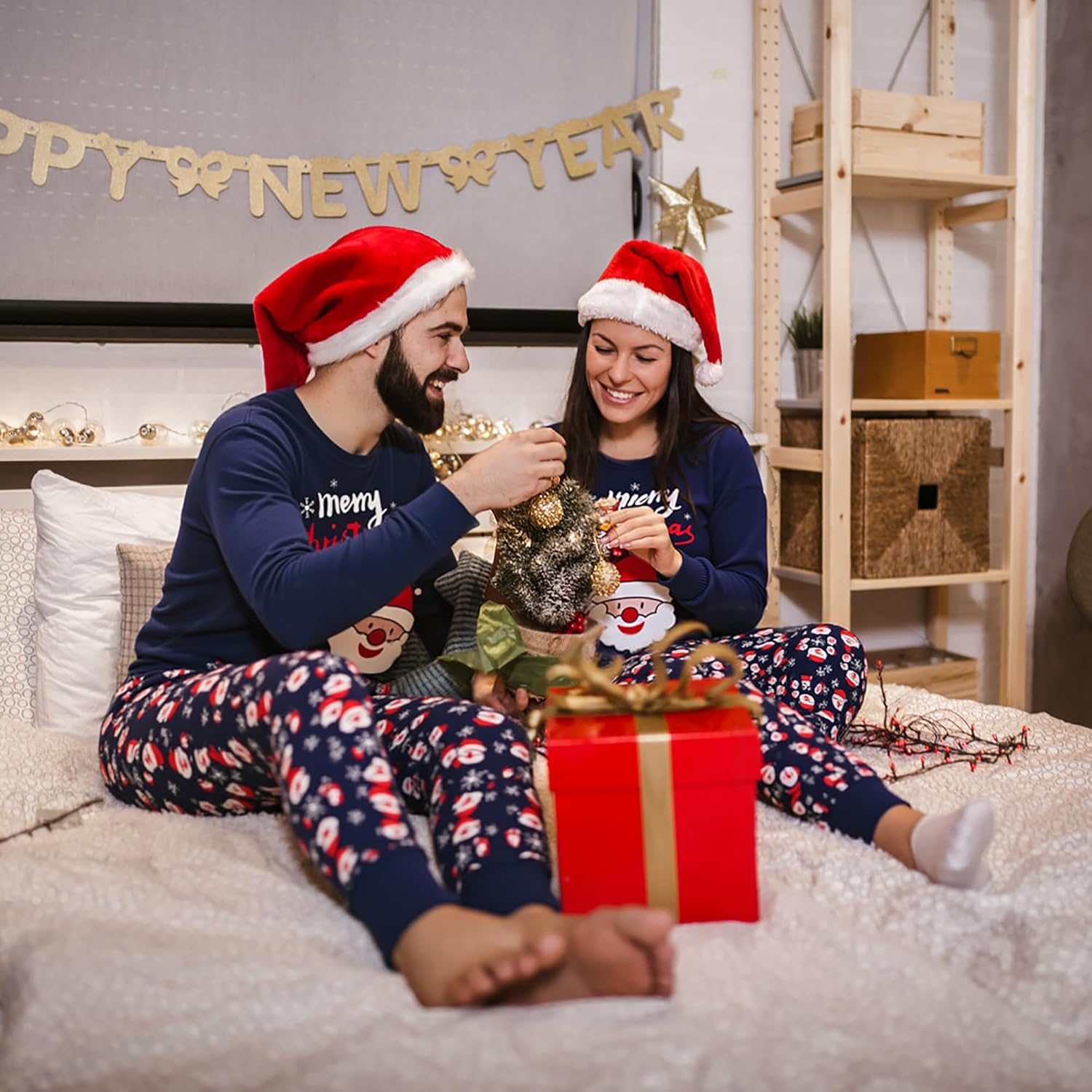Christmas Matching Pajamas Set for Couples Snowman Santa Claus Print Long Sleeve Sleepwear for Women Men - Image 4