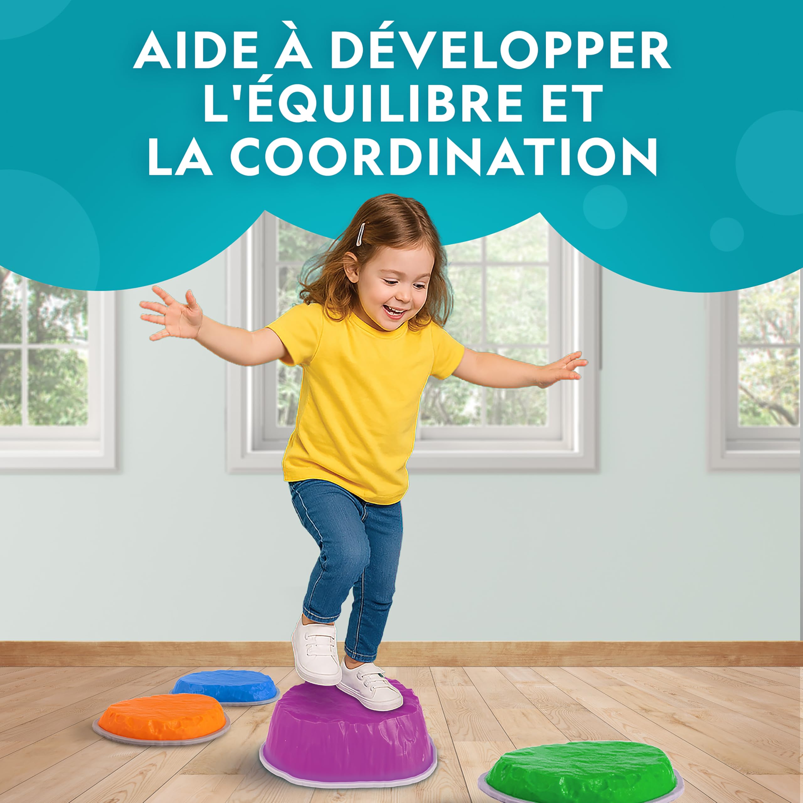 National Geographic Kids Jumbo Pierres D’Équilibre – 12 Pierres Antidérapantes 3 Hauteurs Dé en Mousse Cartes Play & Learn Parcours Obstacles Intérieur Extérieur Enfants 3+