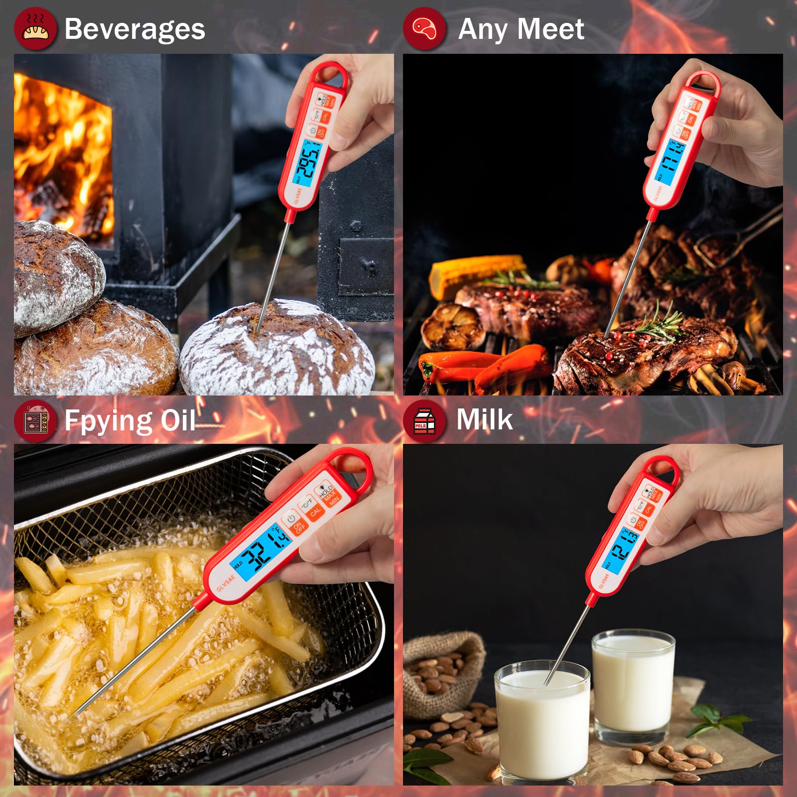 GLVSAE - Termometro digitale a lettura istantanea per carne, impermeabile, con sonda lunga 13 cm, per la misurazione della temperatura di alimenti, caramelle, barbecue, liquidi e carne, colore: rosso