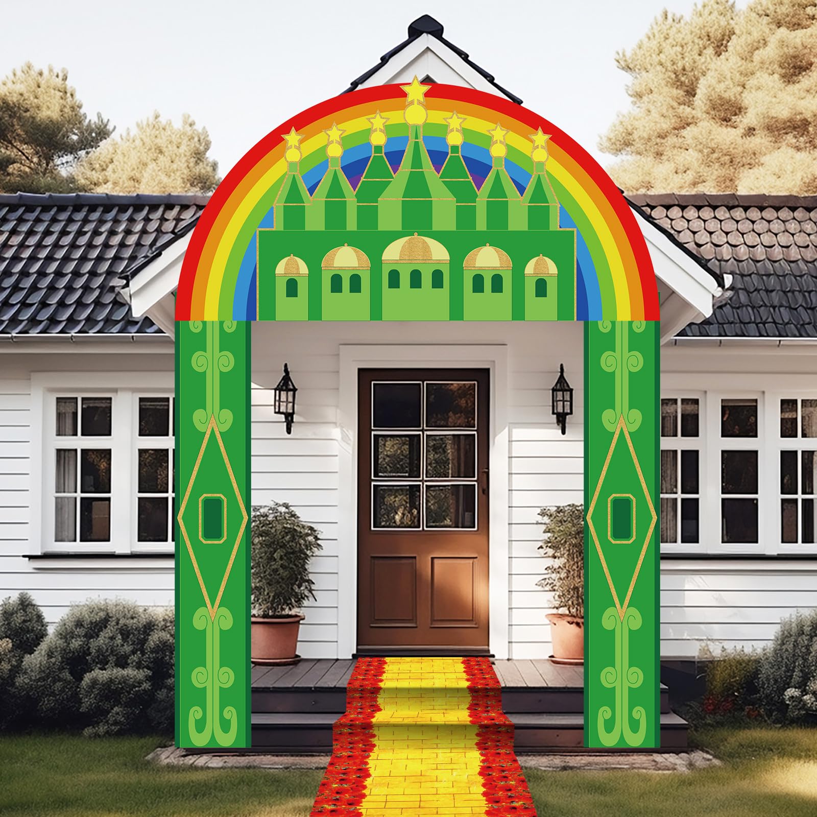 Tingjoo 4 Pcs Green Castle Banner Yellow Brick Runner Entryway Party Decorations Emerald Backdrop Hanging Banner Yellow Brick Runner for Birthday