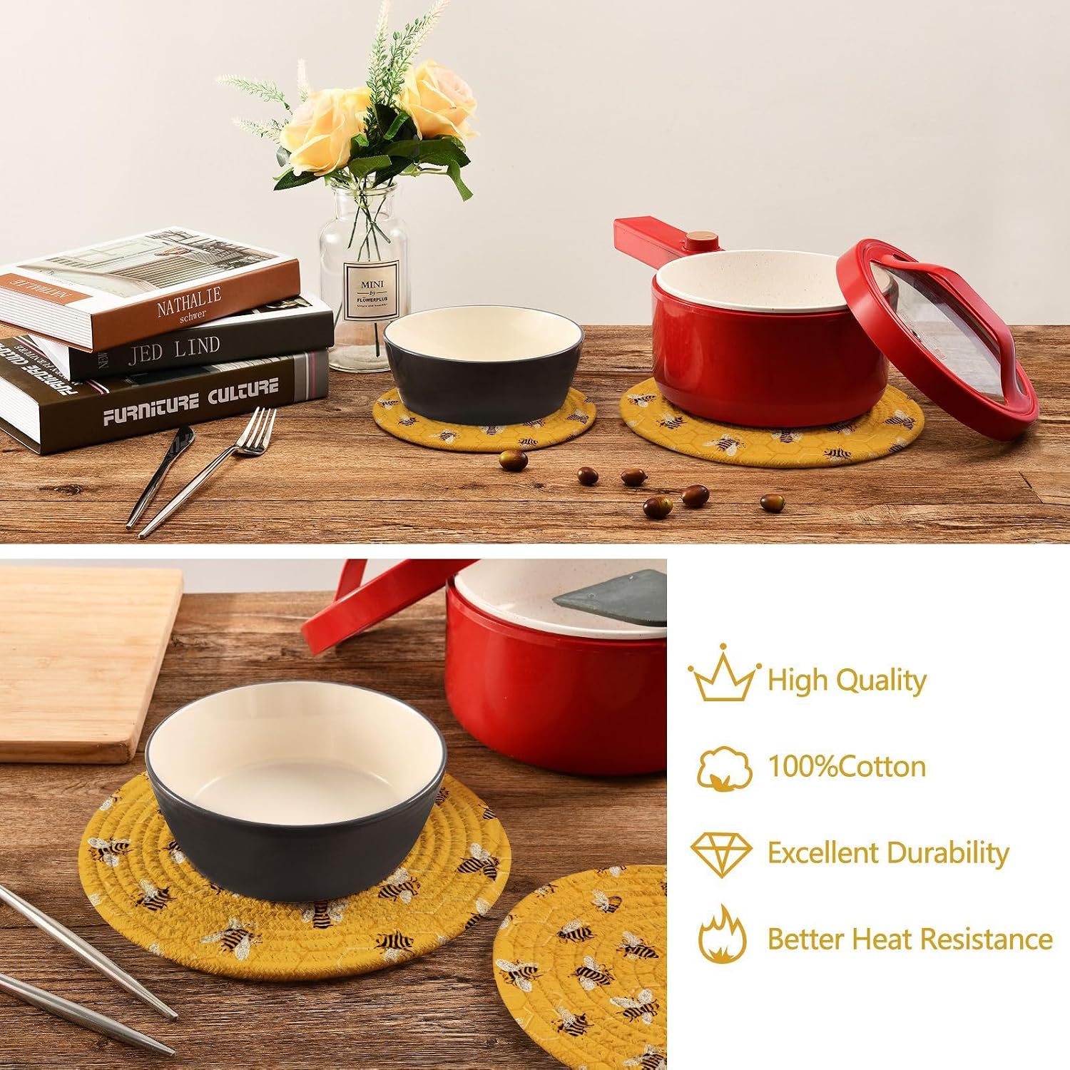 Boccsty Seamless Yellow Pattern with Bees on The Honey Honeycombs Background for Baby Textile Design Trivet Mat 2PCS Round Woven Potholders Kitchen Table Countertop Protector Hot Pads Farmhouse Coas