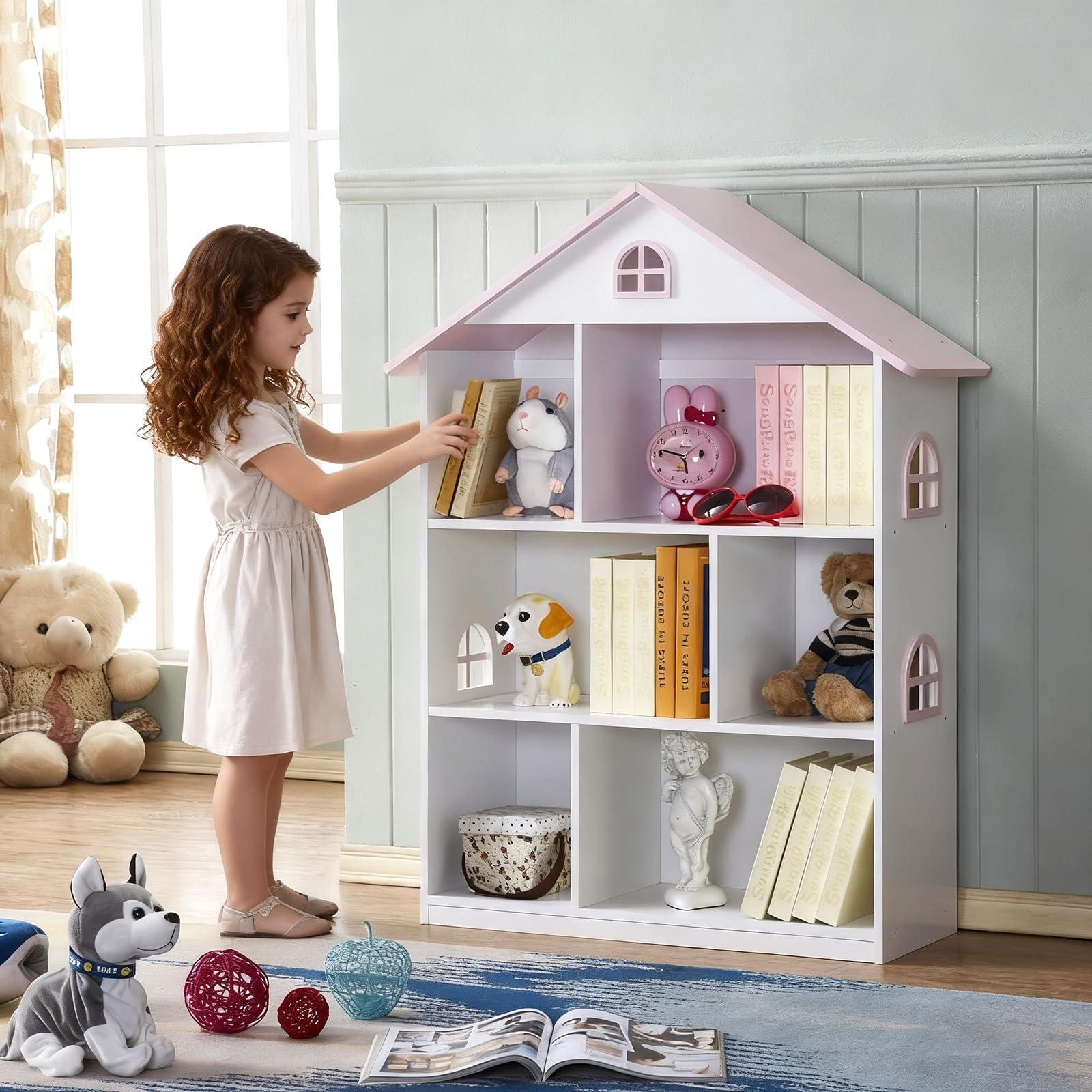 DUDUPIE Wooden Dollhouse Bookshelf - Toddler Doll House Bookcase, Extra Space Kids Toy Storage Book Shelf, 3-Tier Children Dollhouse, Pretend Play Toy House