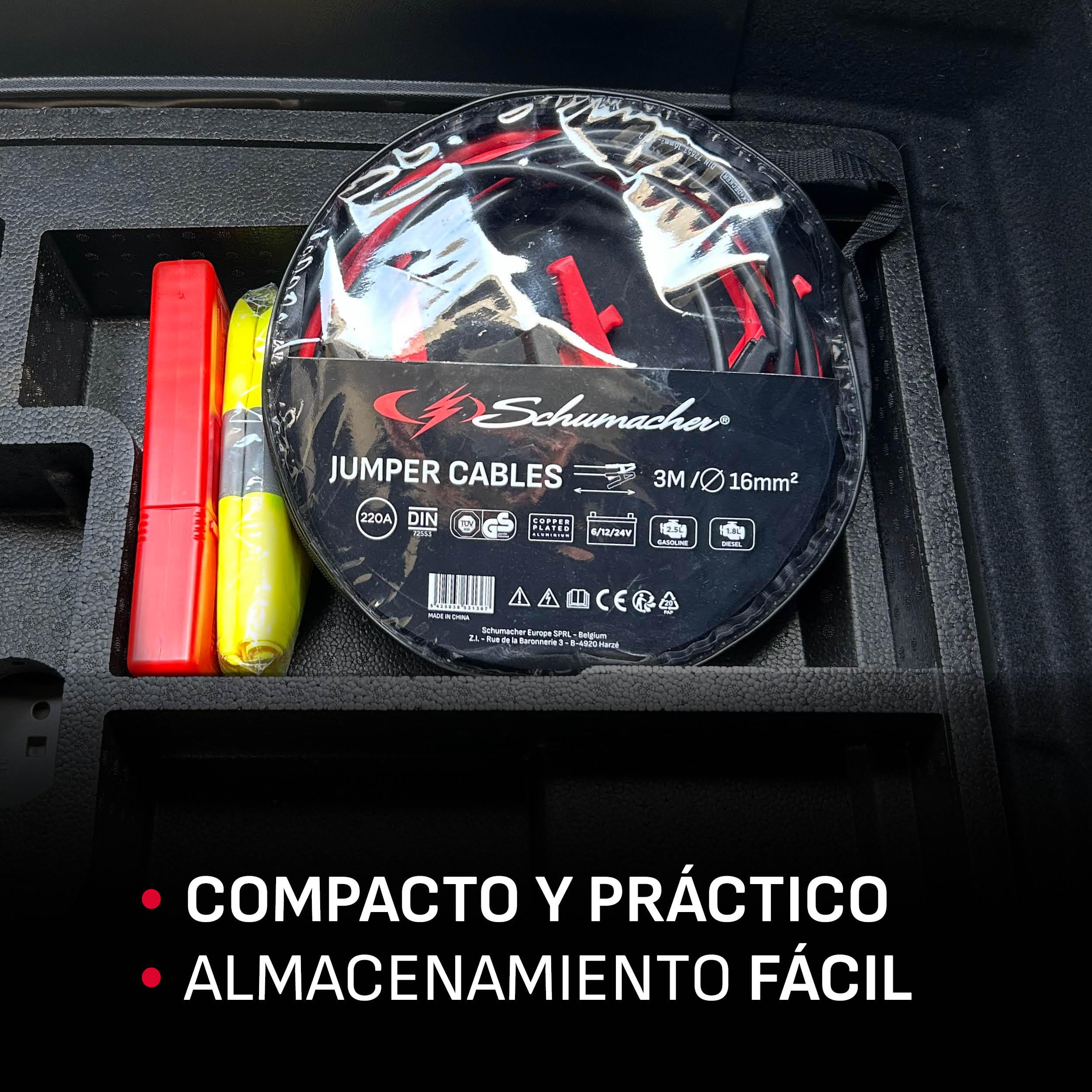 Schumacher Electric - Cables de Arranque 3m 16mm² - Baterías 6V/12V/24V - Para Coche, Furgoneta, Caravana - Pinzas Seguras Aisladas - Certificado GS/TÜV