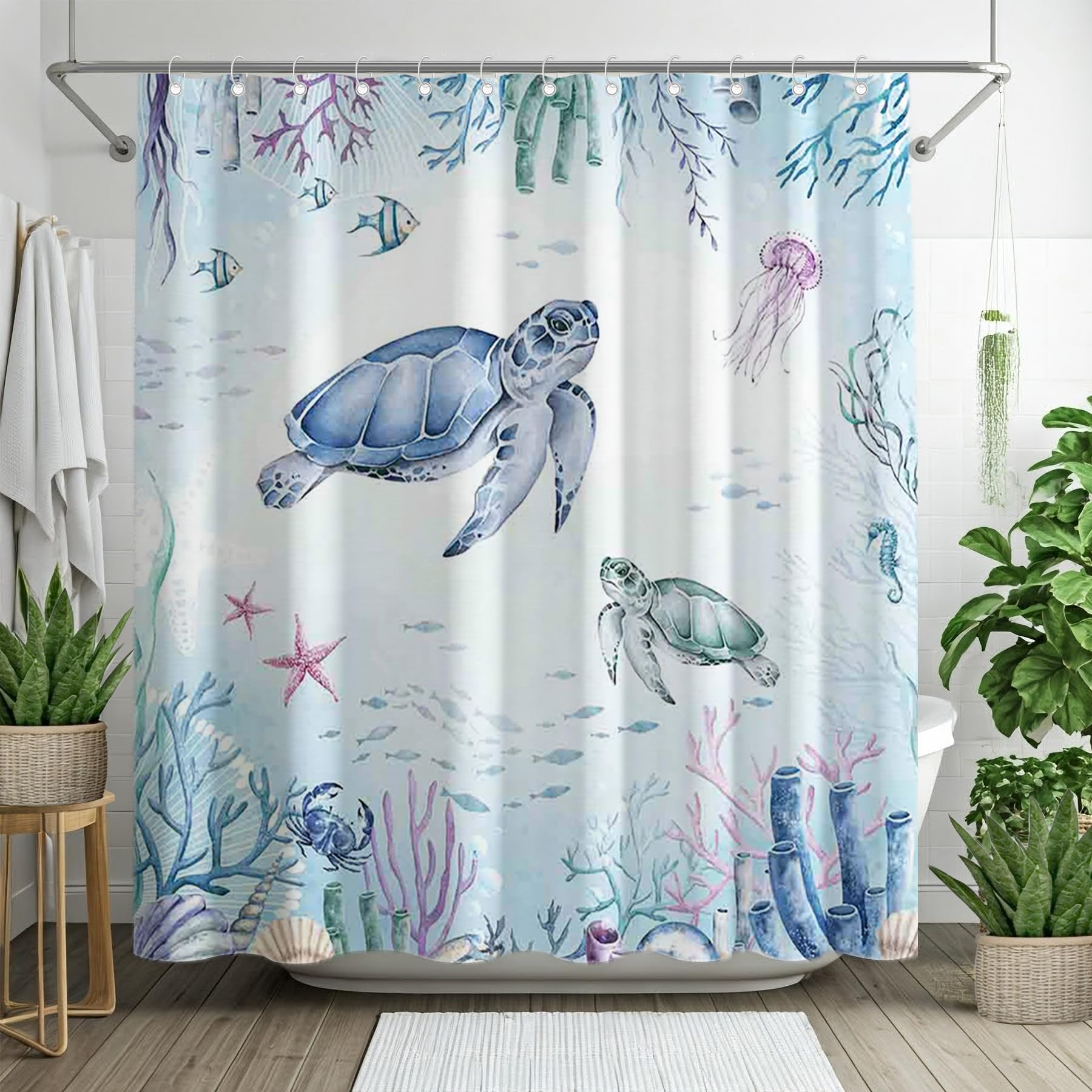 YCUCUEI Watercolor Under The Sea Shower Curtain for Bathroom Turtle Coastal Beach Underwater Coral Animal Seaweed Home Decorations Sets with 12 Hooks Waterproof Polyester 72