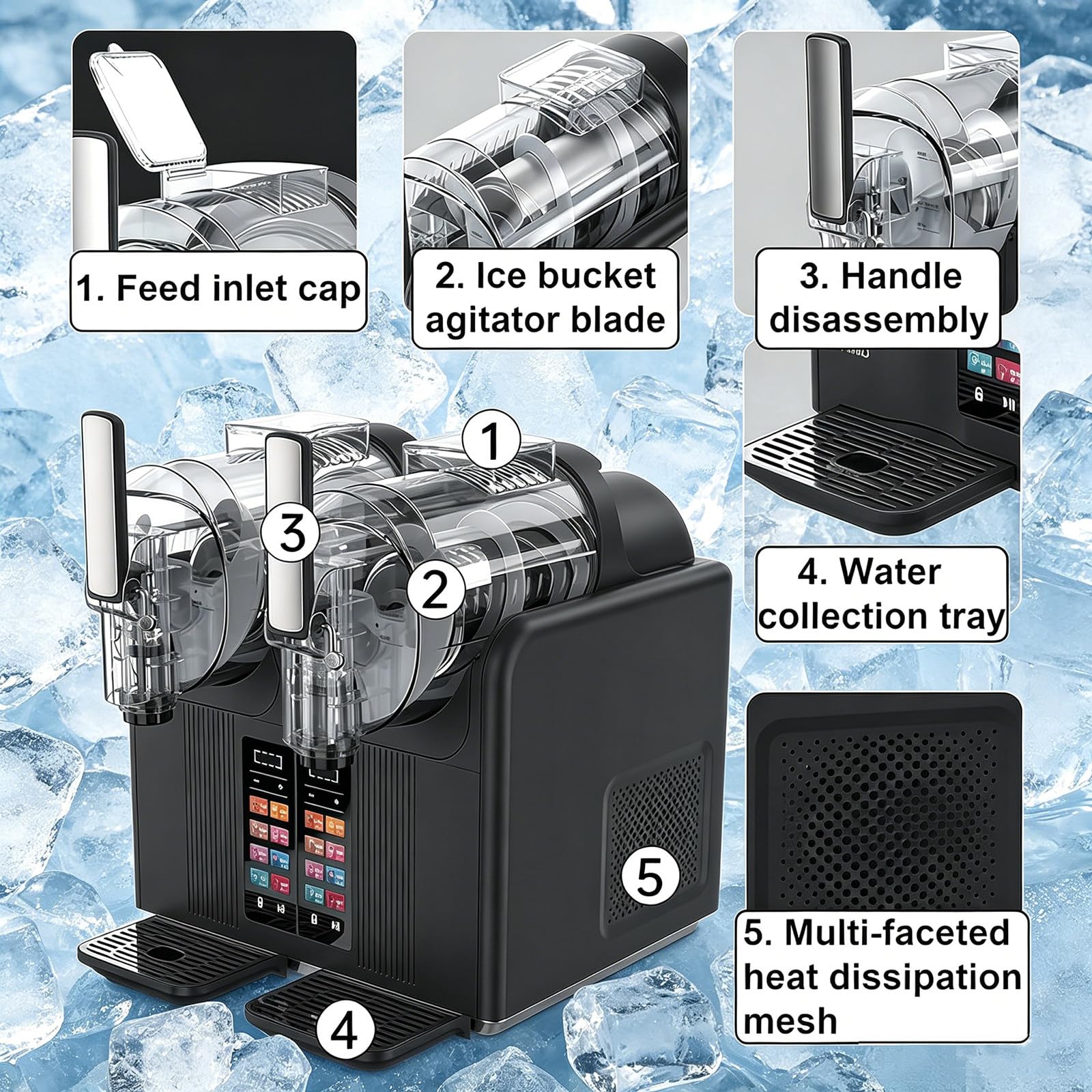 Machine à Granita sans Glace, 2 en 1 : Boissons Glacées Et Crème Glacée Molle, Auto-Refroidissante avec 7 Programmes Prédéfinis, Panneau Tactile Et Nettoyage Automatique Black-twincylinder