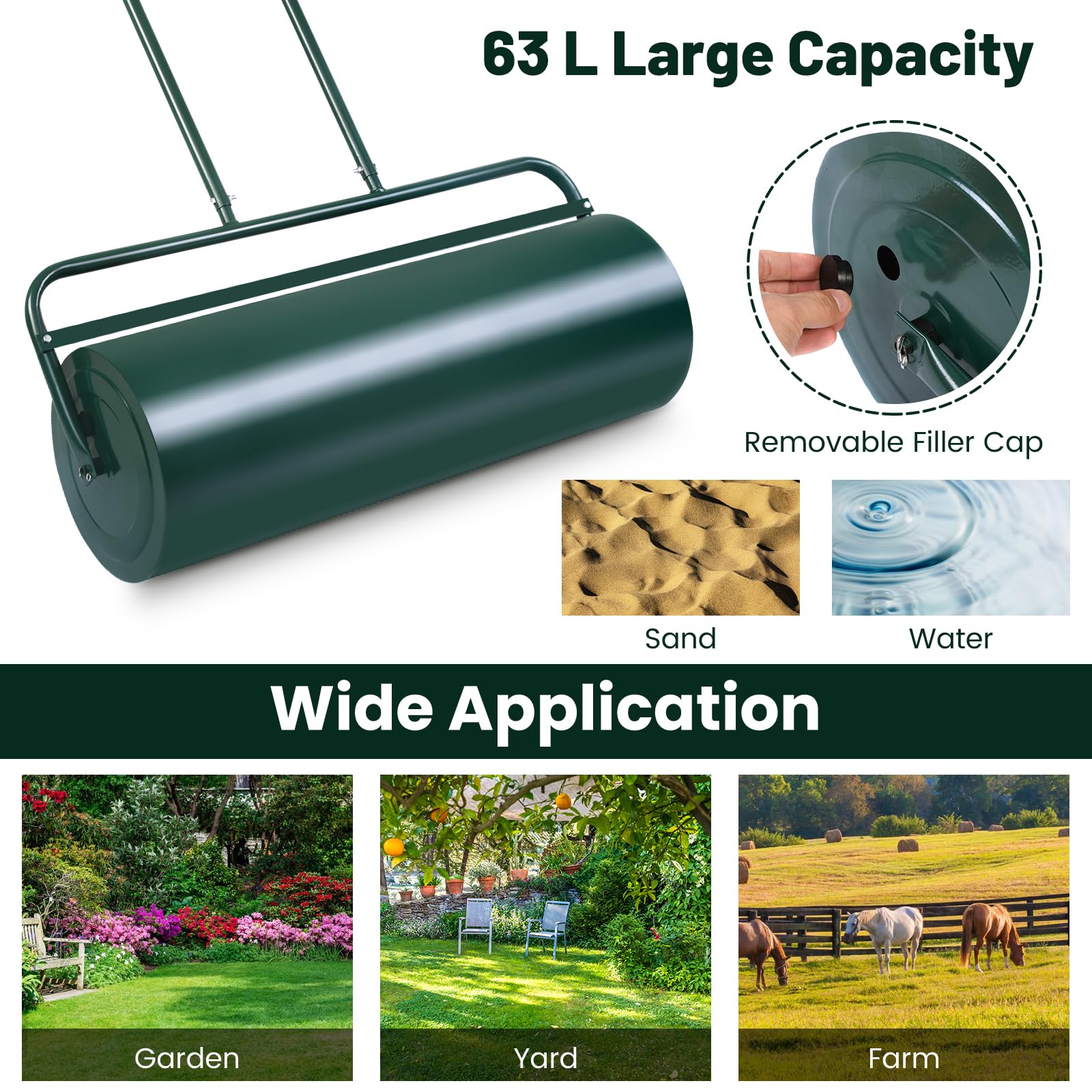 ARNOT - Rullo per prato, 30,5 x 91,4 cm, 63 l, resistente, spingere/trainare dietro acqua/sabbia, per parco, giardino, cortile, campo da palla, verde