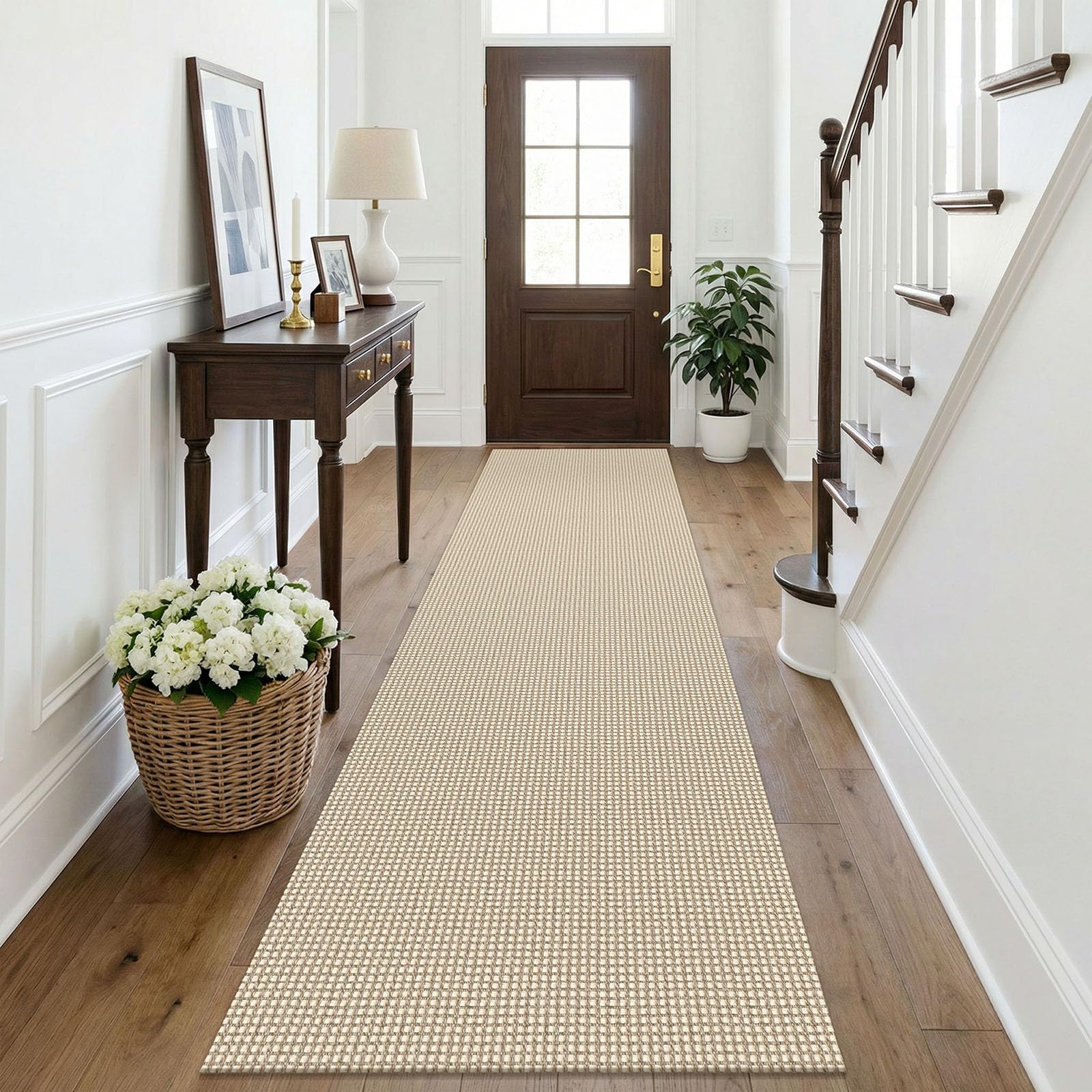KOZYFLY Cotton Runners Rugs for Hallway 2.5'x10', Washable Runner Rug, Woven Non Slip Kitchen Runner, Braided Entryway Rug, Floor Carpet for Entry, Aisle, Hall, Ivory/Camel/Brown — image 1