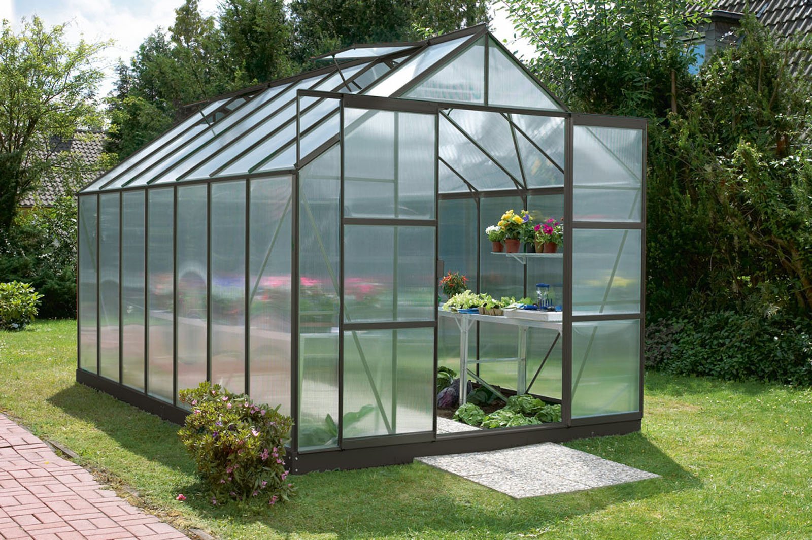 Vitavia Gewächshaus Mars - Ausführung: 11500 HKP 4 mm Dunkelgrau, Fläche: ca. 11,5 m², Fenster: 2, Maße: 257 x 445 cm, Sockelmaß: 255 x 441 cm