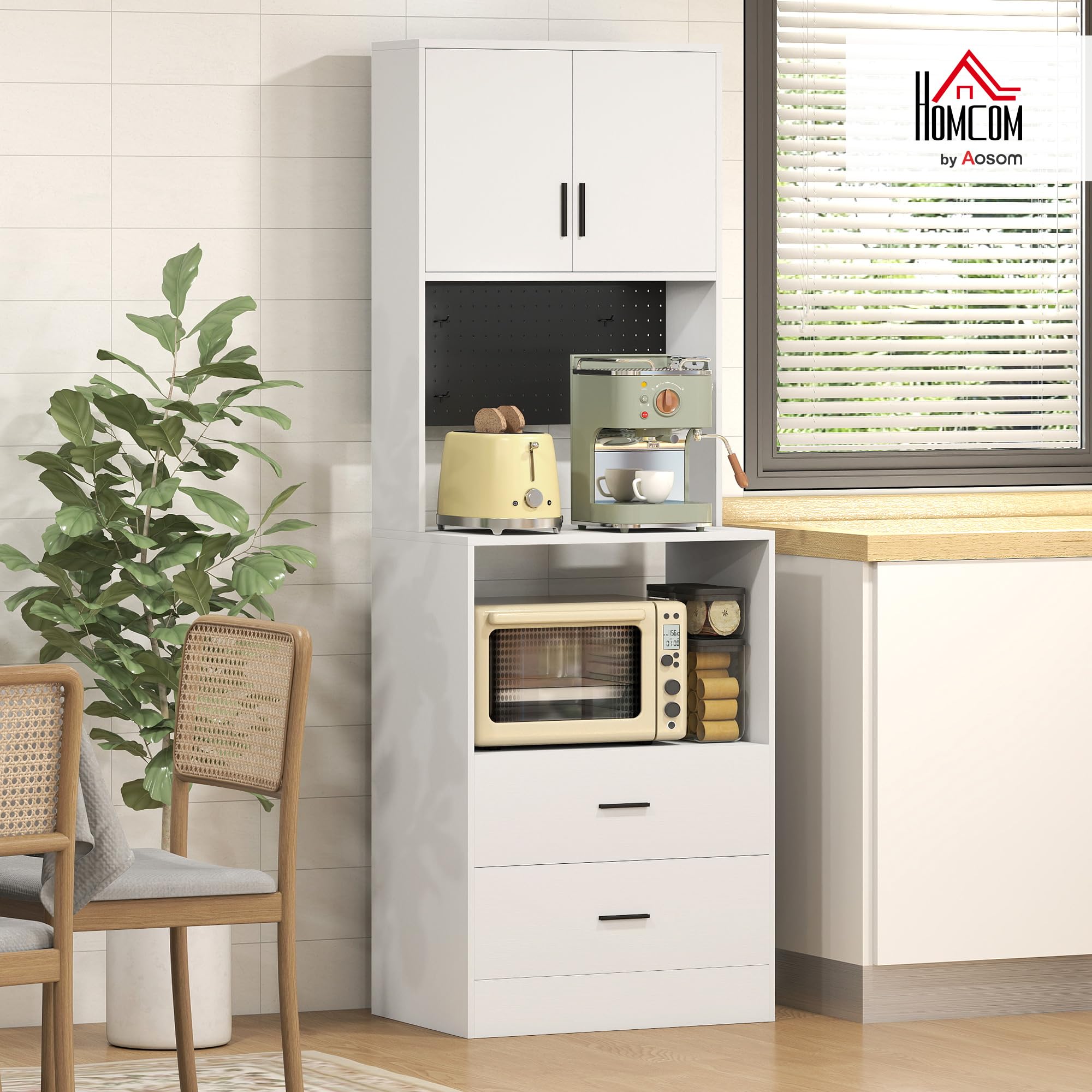 HOMCOM Mueble Auxiliar de Cocina, Aparador de Cocina con Soporte para Microondas, 2 Cajones, 2 Puertas, Estante Ajustable y Panel Perforado de Metal con 4 Ganchos, para Salón, 60x40x170 cm, Blanco
