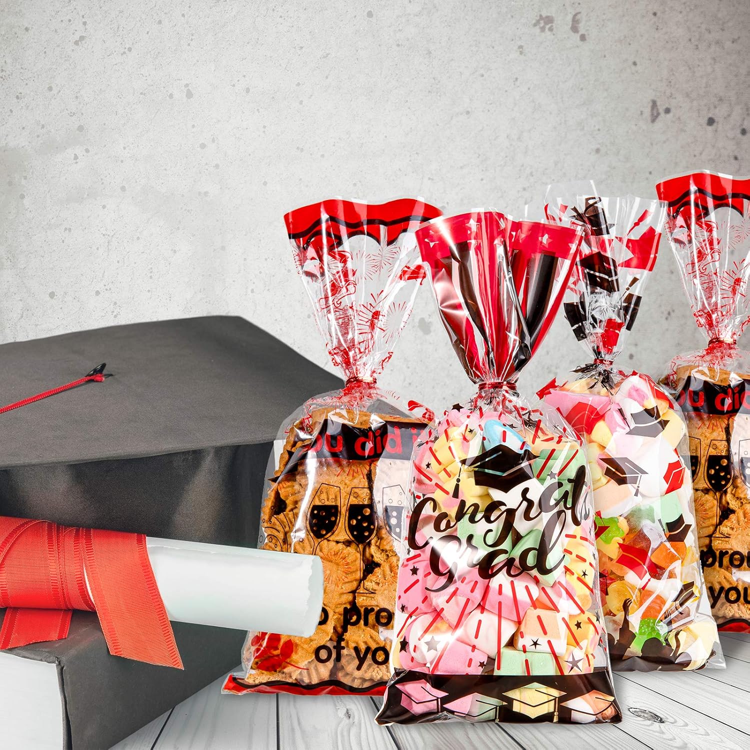 Whaline 150Pcs Graduation Cello Bags, 3 Style Candy Cellophane Bags with Twist Tie, 2026 Congrats Grad Plastic Gift Bag Party Favor Treat Bag for Graduation Party Table Setting (Red Black)