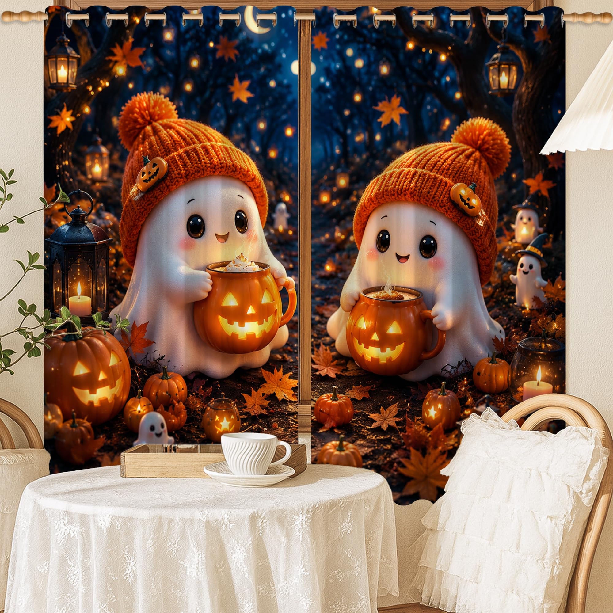 Rideaux occultants à isolation thermique Halloween orange 132x137 cm avec motif fantôme et citrouille