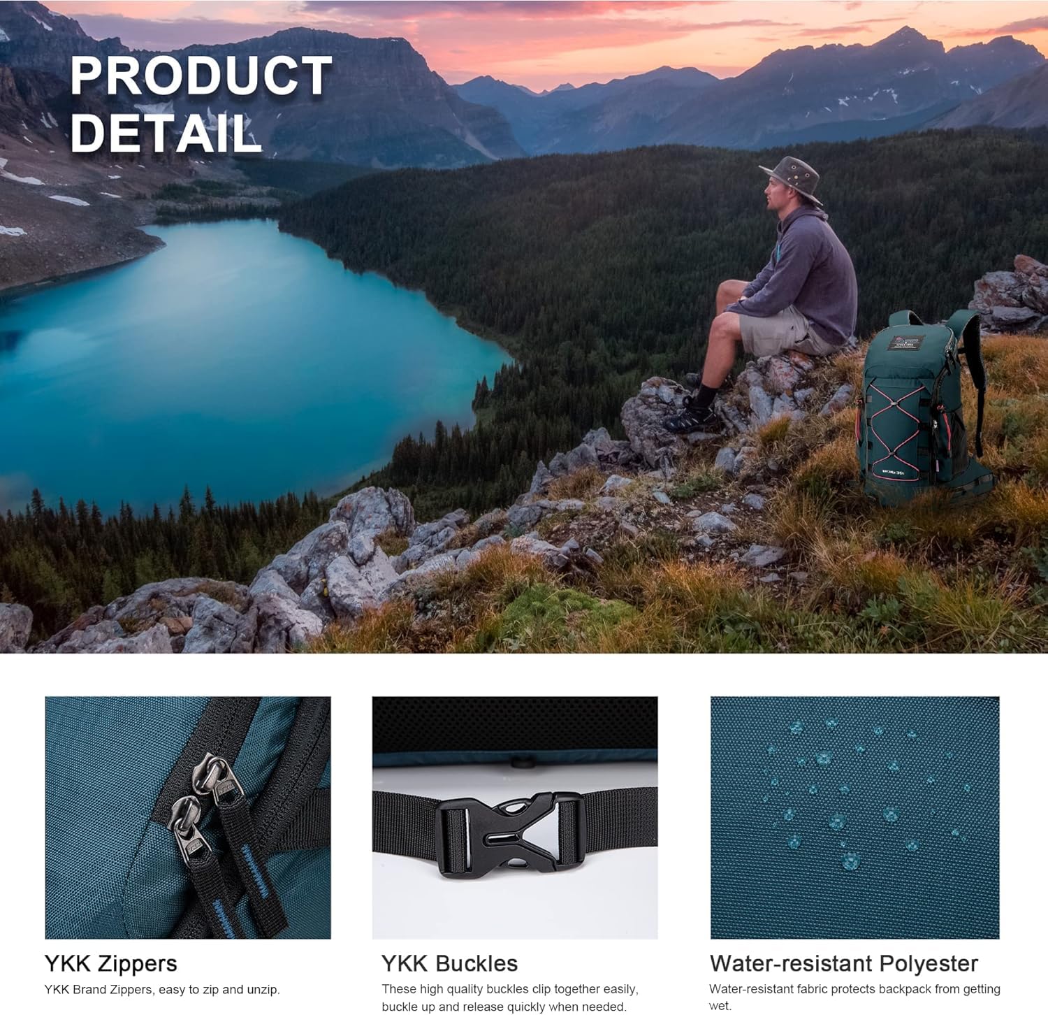 MOUNTAINTOP Mochila Trekking 35L Hombre Mujer Impermeable Viaje | Ideal para montaña senderismo y viajes, funda de lluvia incluida, cremalleras YKK, espalda ventilada cinturón acolchado