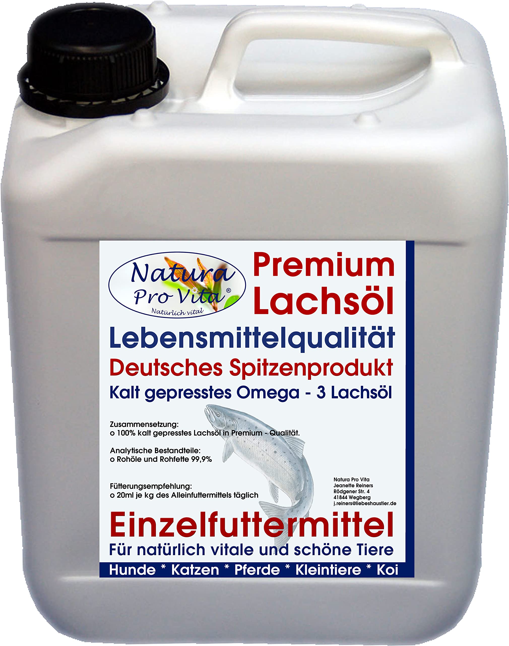 Lachsöl für Hunde Lebensmittelqualität Omega-3-Öl Natura Pro Vita kaltgepresst Fischöl gut für Haut und Fell Barföl Hund Immunkraft 20L (4X 5L)